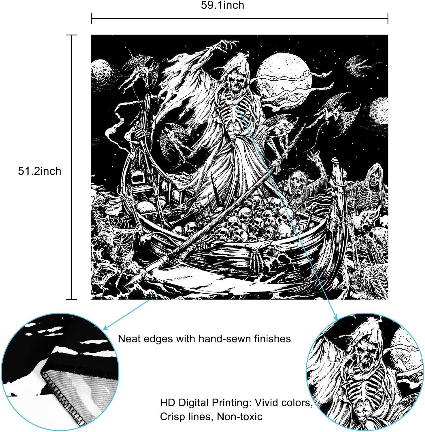 Krelymics Tapiz de calavera de terror, murciélago de terror, tapiz de barco de remo en blanco y negro, tapiz de esqueleto, tapiz gótico, tapiz