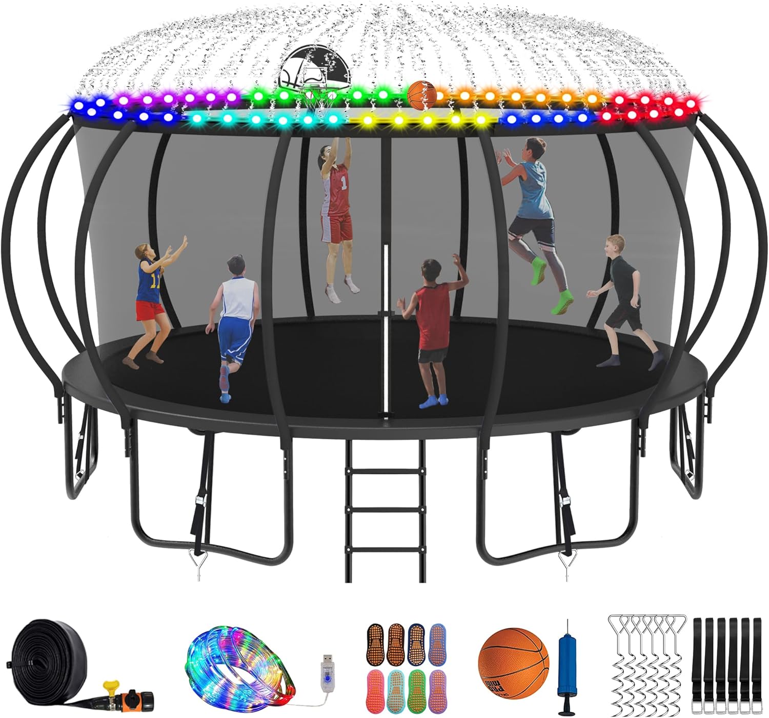 Tranpoline de 1500 libras de 8 10 12 14 15 16 pies para niños y adultos, diseño sin huecos, calabaza con luz, rociador y calcetines, aro de