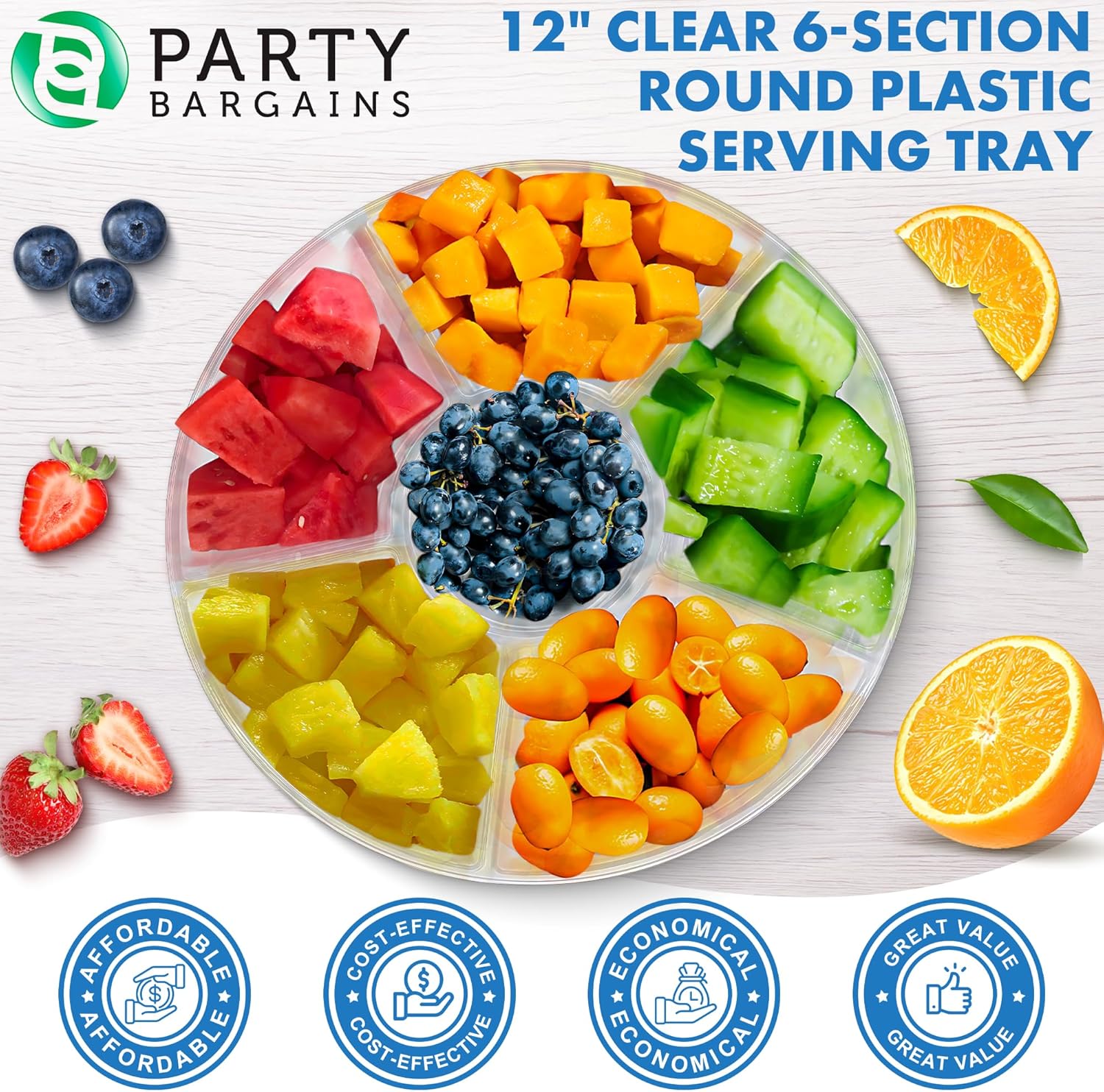PARTY BARGAINS Bandeja redonda de plástico de 12 pulgadas, 6 secciones, transparente, paquete de 8