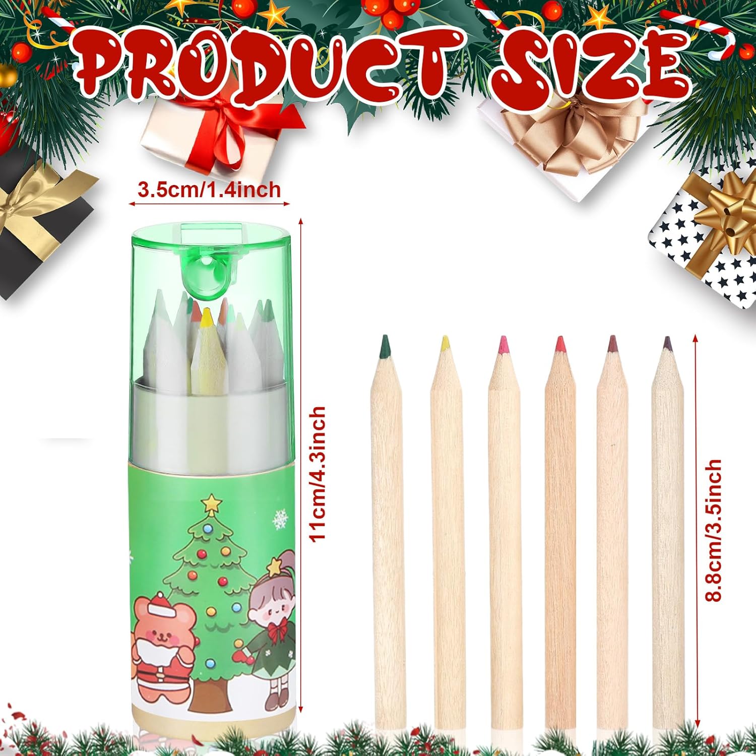 Fumete Paquete de 32 mini lápices de colores de Navidad a granel con sacapuntas en tubo de dibujo, lápices de colores para niños, lápices de