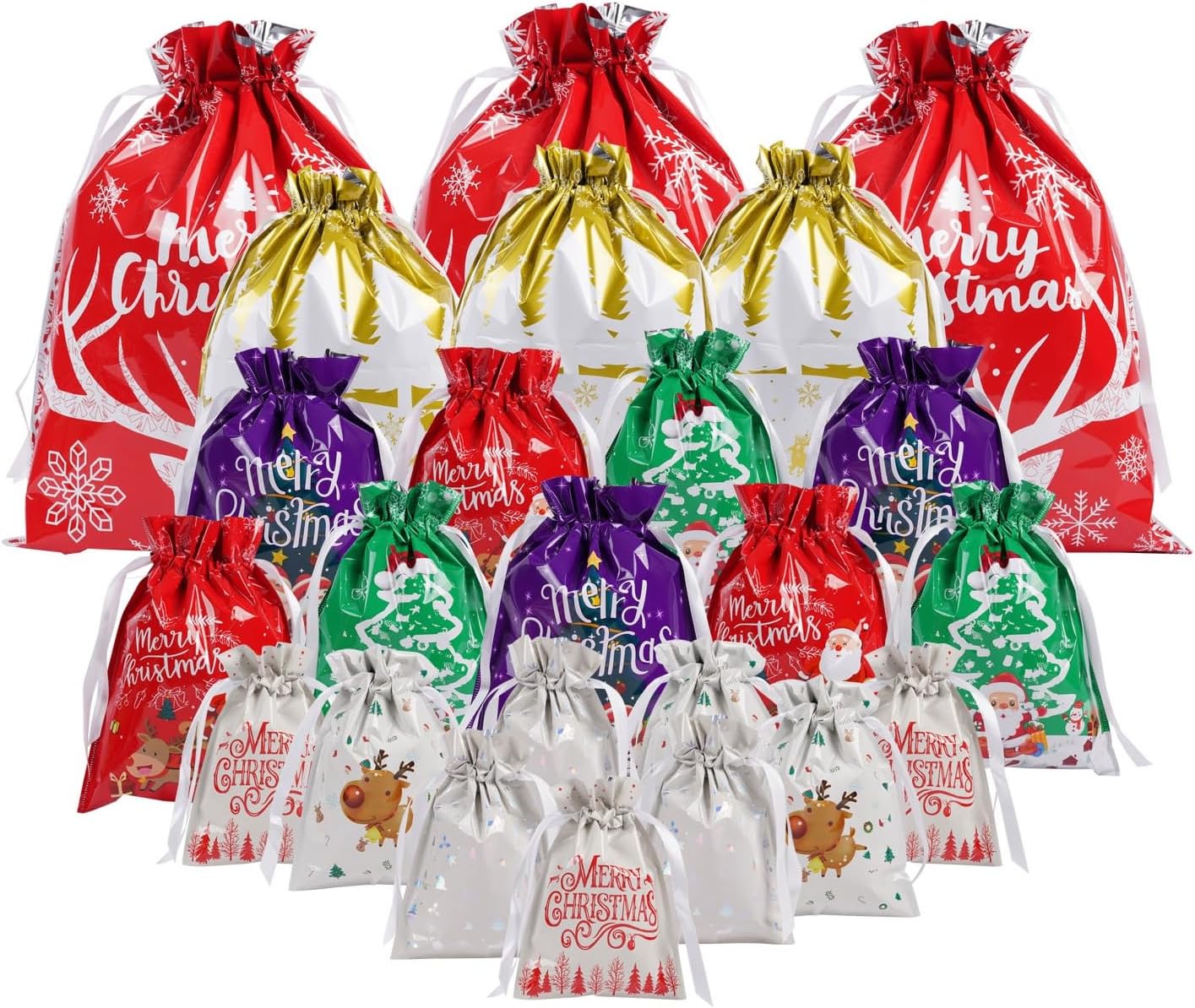 Lyforpyton 24 bolsas de regalo de Navidad con cordón, bolsas de papel de aluminio para regalos de Navidad, recuerdos de fiesta (4 tamaños, 8 diseños)