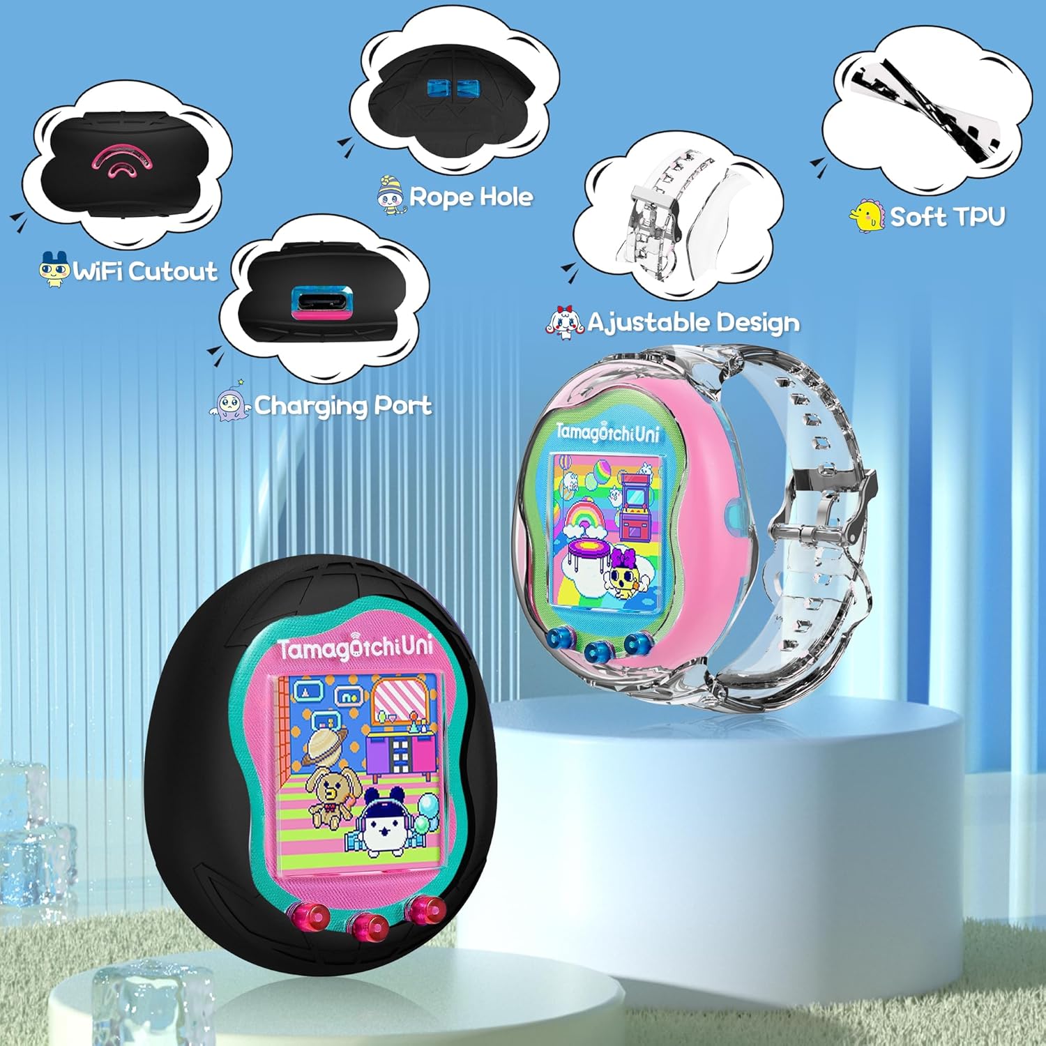Paquete de 2 fundas para Tamagotchi Uni, funda de silicona + funda protectora de TPU para Tamagotchi Uni Interactive Virtual Pet Game Machine (negro