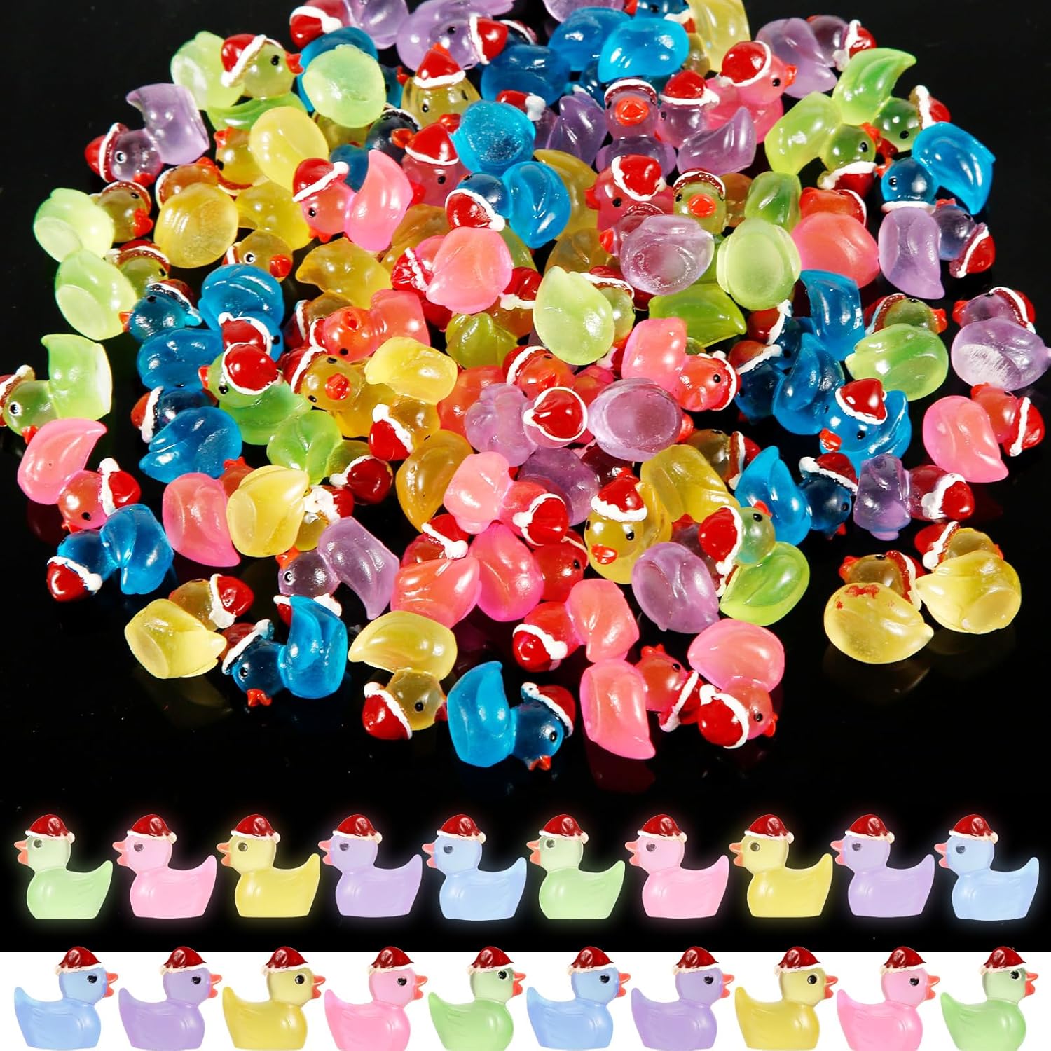 100 pequeños patos de Navidad, lindos mini patos de resina en miniatura, decoración de paisaje, mini patos luminosos para jardín en miniatura, casa