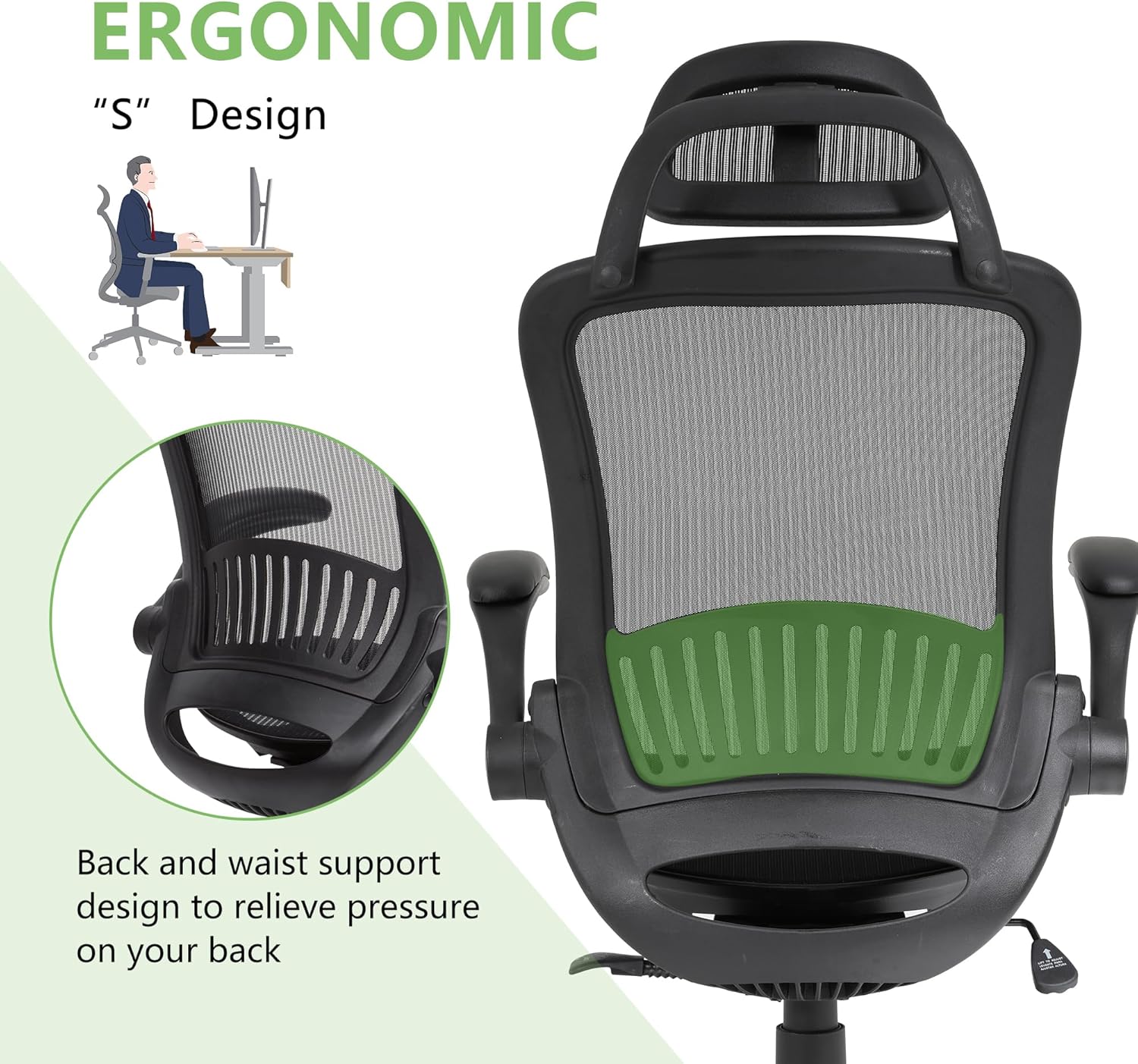 Silla de oficina ergonómica de malla, silla de computadora con soporte lumbar, reposacabezas y brazos abatibles, giratoria, ajustable, para adultos
