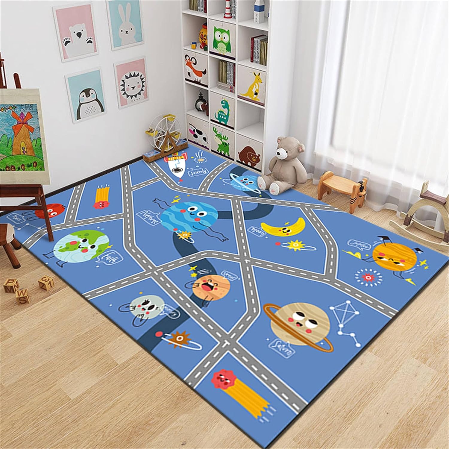 Alfombra espacial para niños, 5 x 7 pies, tapete de juego con planetas de galaxia azul, tapete educativo para niños y bebés, alfombra de juego para