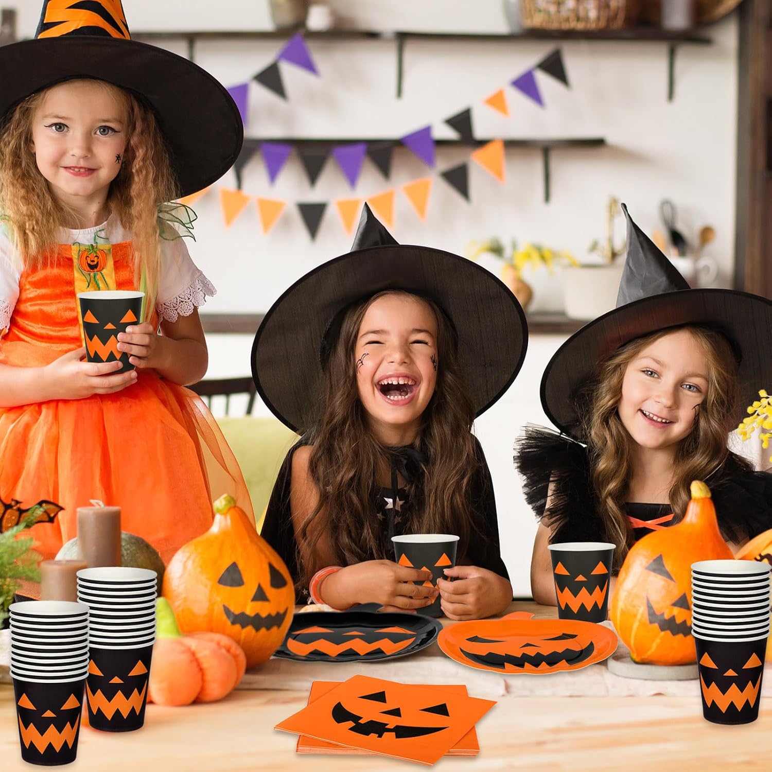 AnyDesign – Juego de vajilla para fiesta de Halloween, platos de papel con temática de calabaza naranja y negra, tazas, servilletas, vajilla