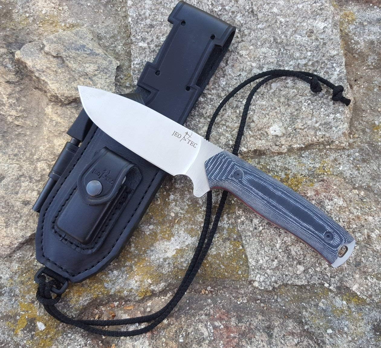JEO-TEC N21 Bushcraft Survival Hunting Cuchillo táctico de hoja fija – BOHLER N690C acero inoxidable, funda de cuero multiposición, piedra afiladora