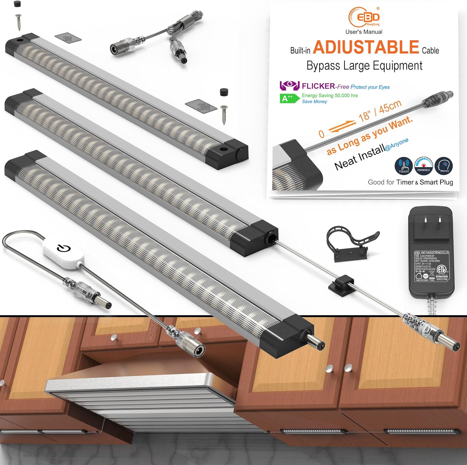 EBD Iluminación LED para debajo del gabinete, cable ajustable integrado, 3 unidades, 1350 lúmenes, instalación ordenada, luces debajo del mostrador,