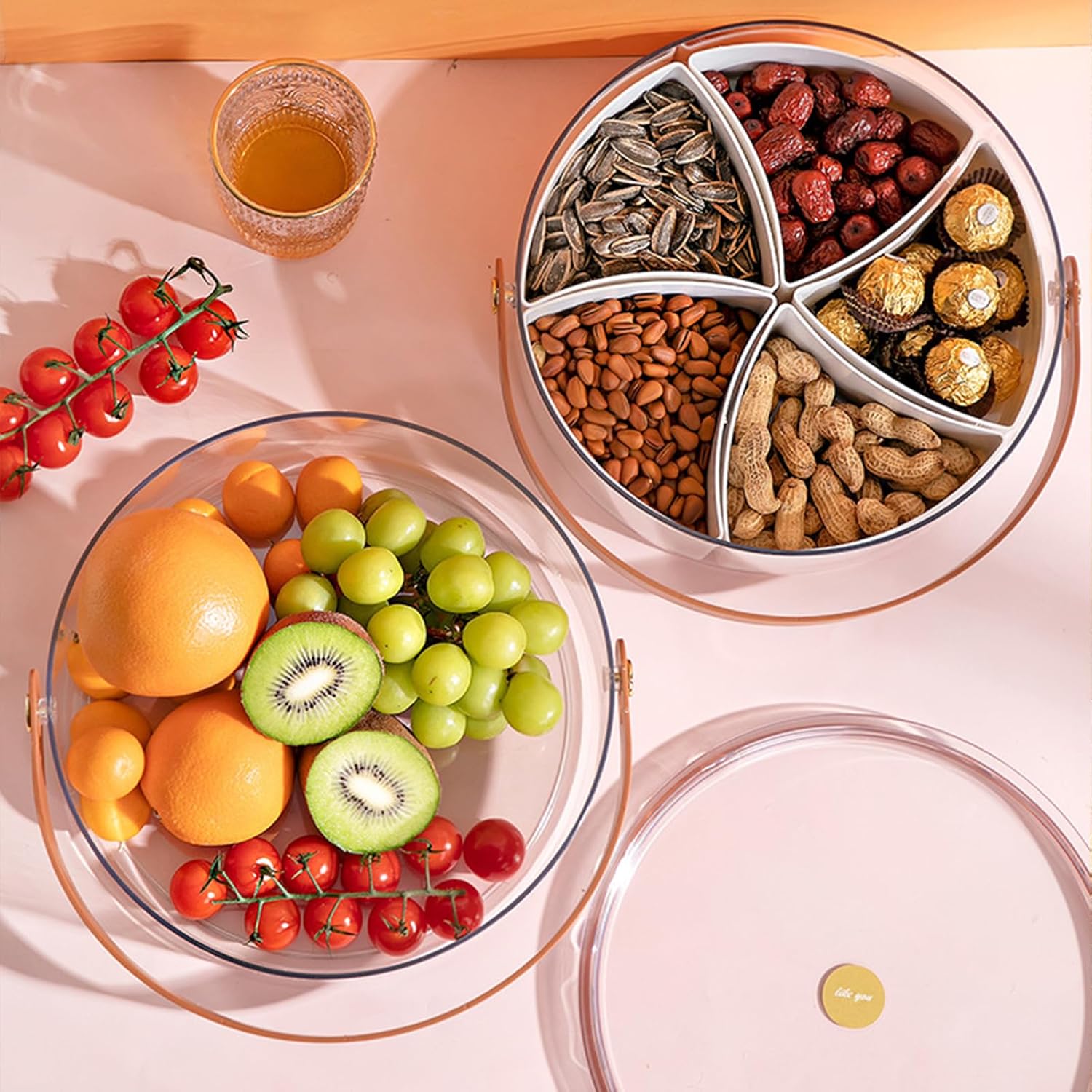 Bandeja transparente dividida para servir con tapa y asa, bandeja redonda portátil de plástico para verduras, caja de almacenamiento de alimentos