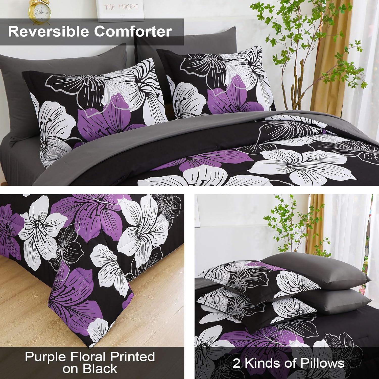 Luxudecor Juego de edredón floral tamaño King, 7 piezas de cama en una bolsa, juego de edredón floral morado y sábanas, juegos de cama completos de