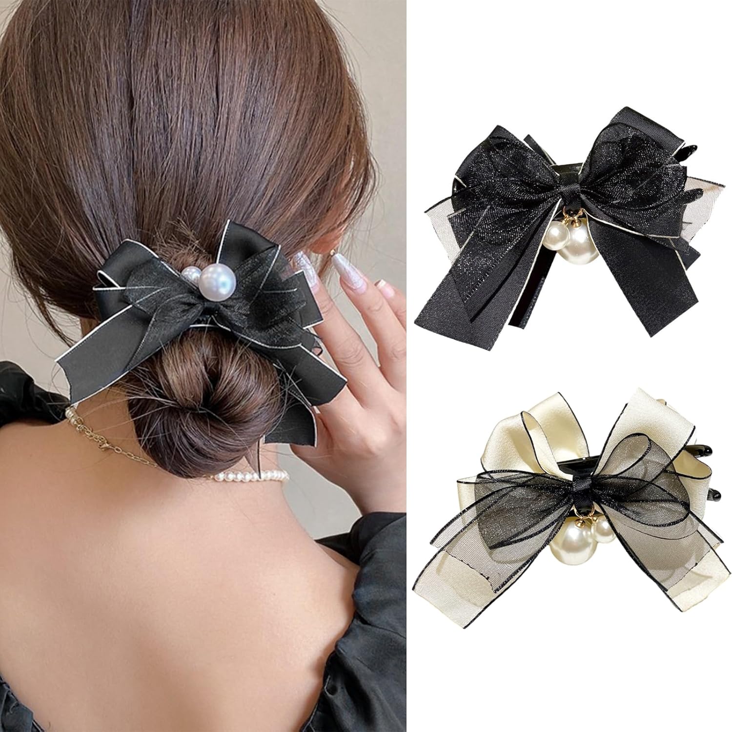 2 pinzas para el cabello con lazo de encaje, color blanco y negro, cinta para el cabello, pinzas para cola de caballo para mujeres y niñas, moda