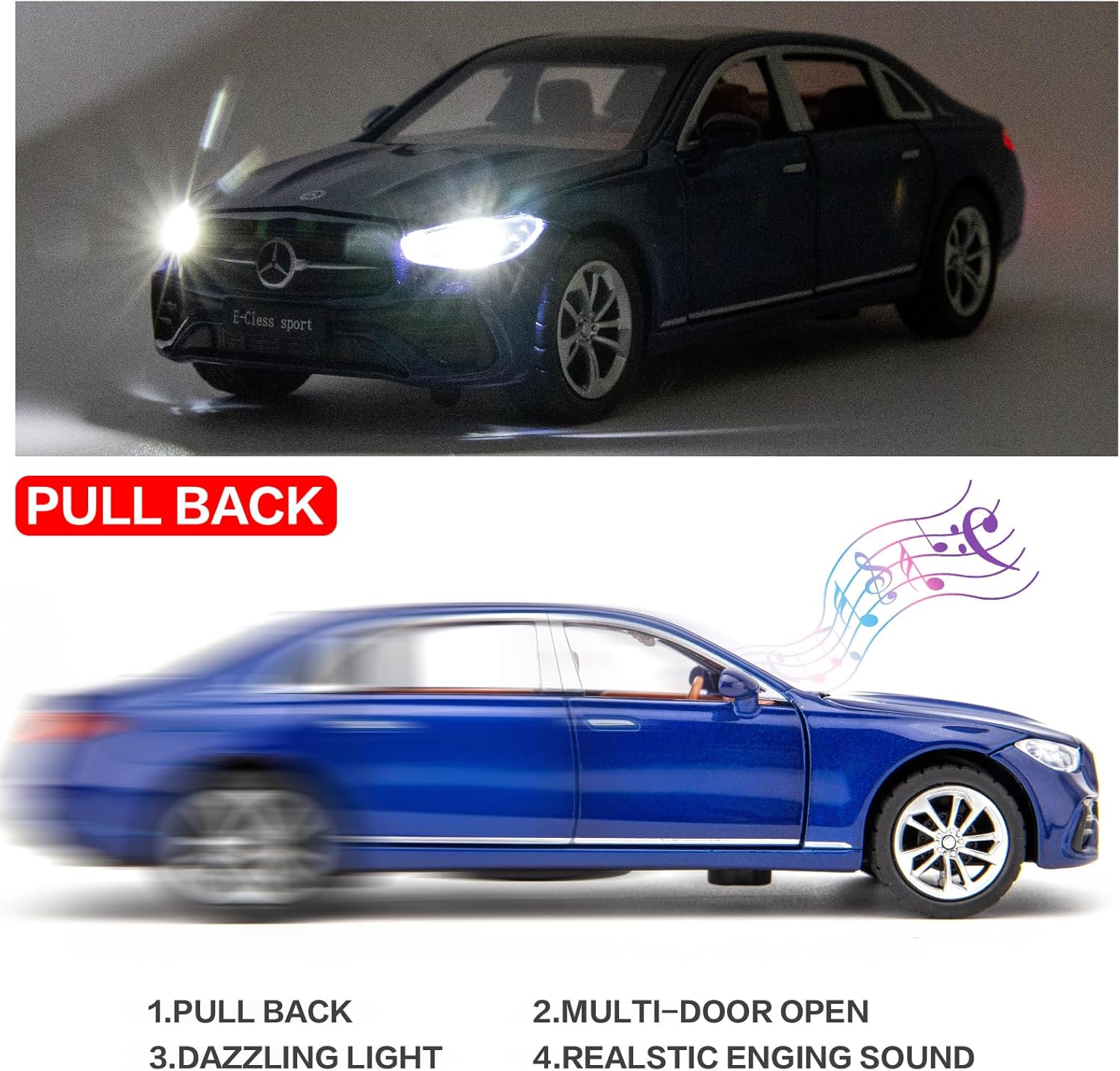BDTCTK 132 compatible con el modelo Benz E300l modelo, auto de juguete coleccionable de aleación de zinc fundido a presión con sonido y luz para