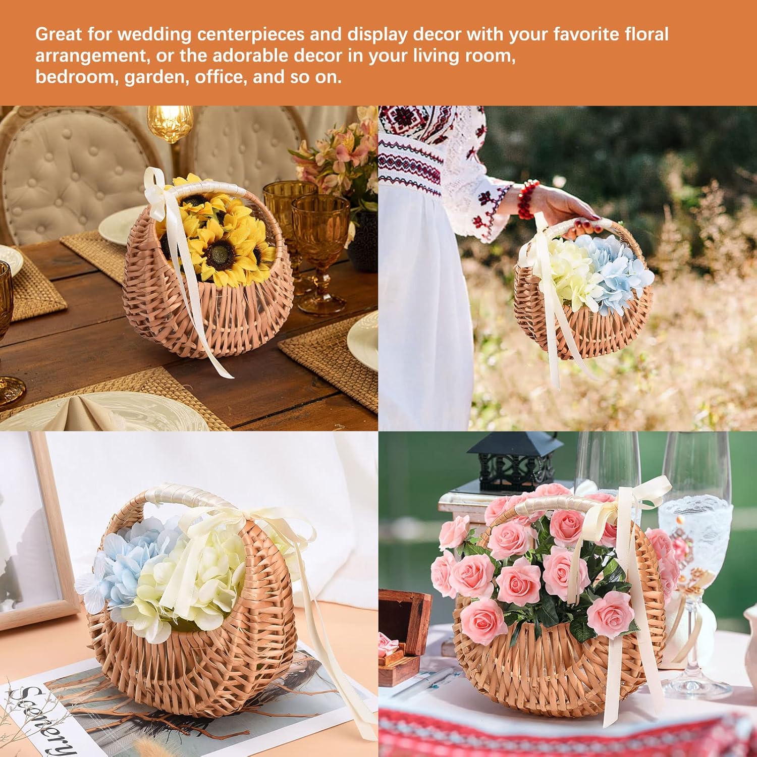 2 cestas de flores para niña con asa y lazo de cinta, cestas de flores tejidas a mano, cesta de ratán tejida, canasta de arreglo floral de sauce de