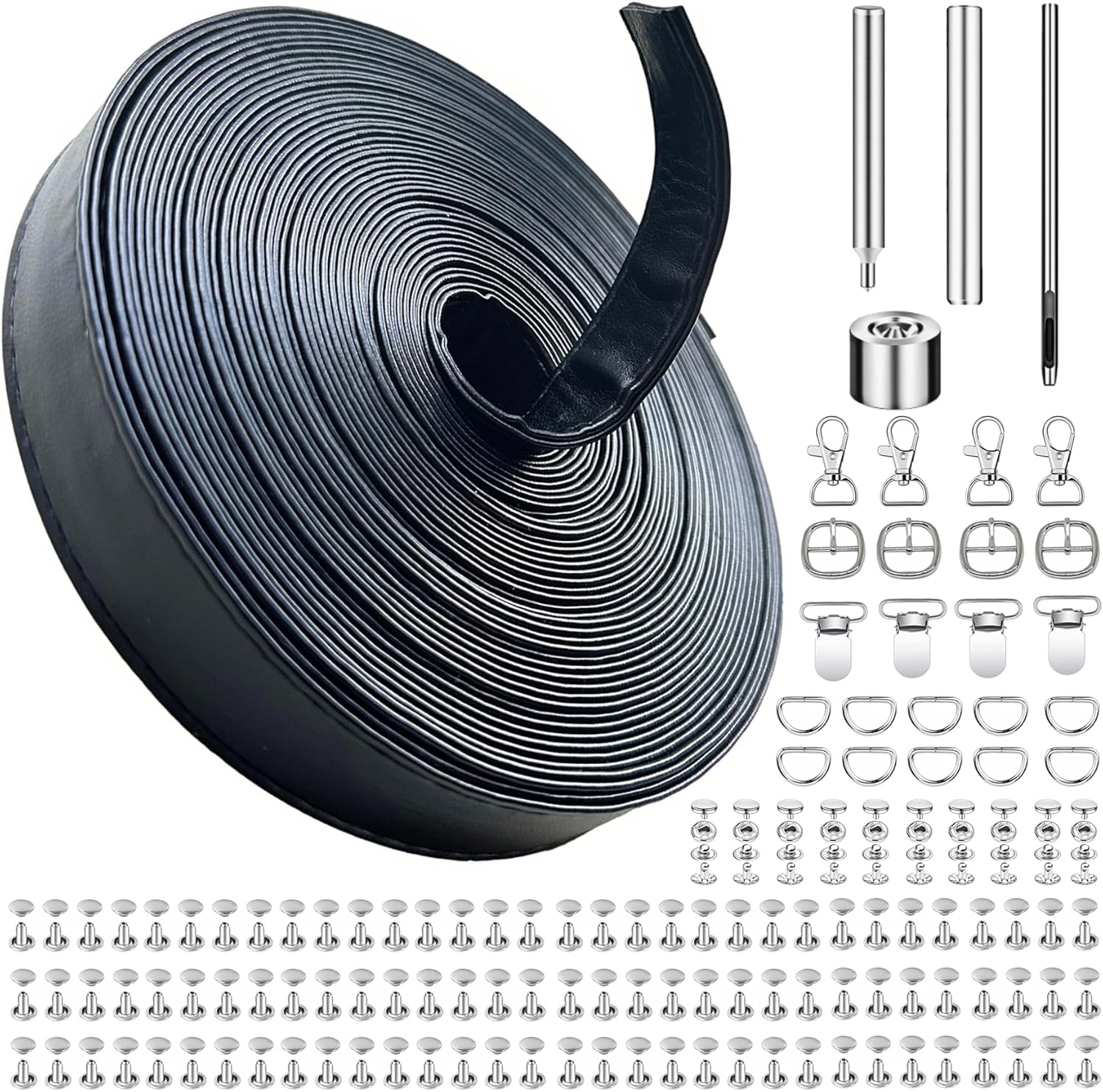 AOUXSEEM Kit de tiras de piel sintética negra de 196 pulgadas de largo (34 pulgadas de ancho) con remaches, botones a presión, rollo constante para