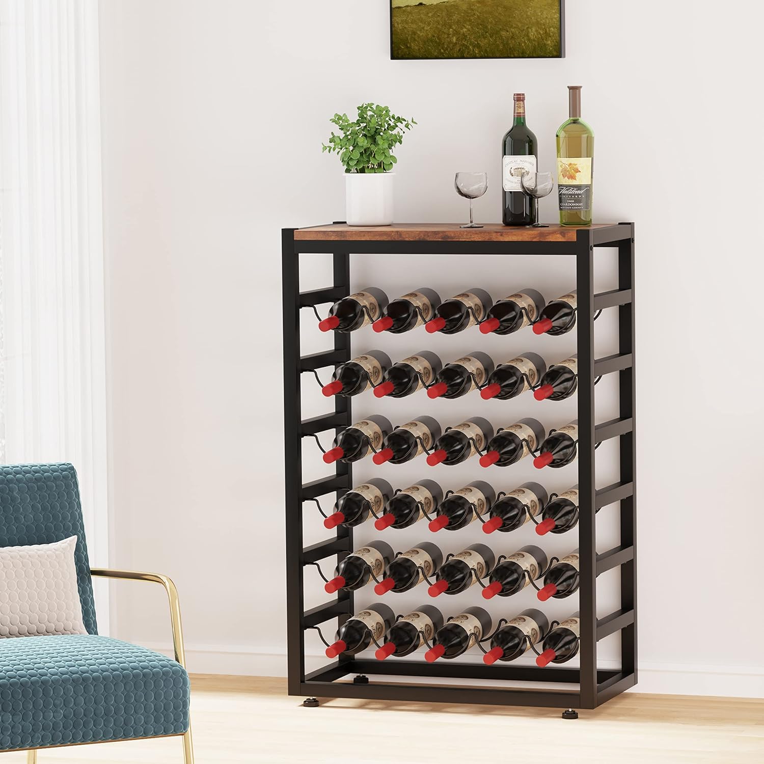 Dripex Estante de vino para 30 botellas, estante de almacenamiento de vino de 6 niveles con mesa de madera, soporte de metal resistente para