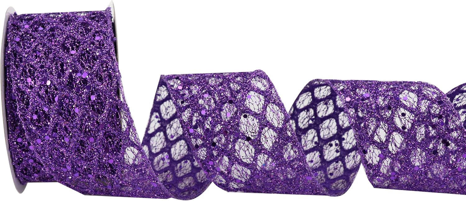 Cinta morada con alambre de 2.5 pulgadas x 10 yardas, cinta con alambre con purpurina, cinta morada para Halloween, decoraciones de Navidad,