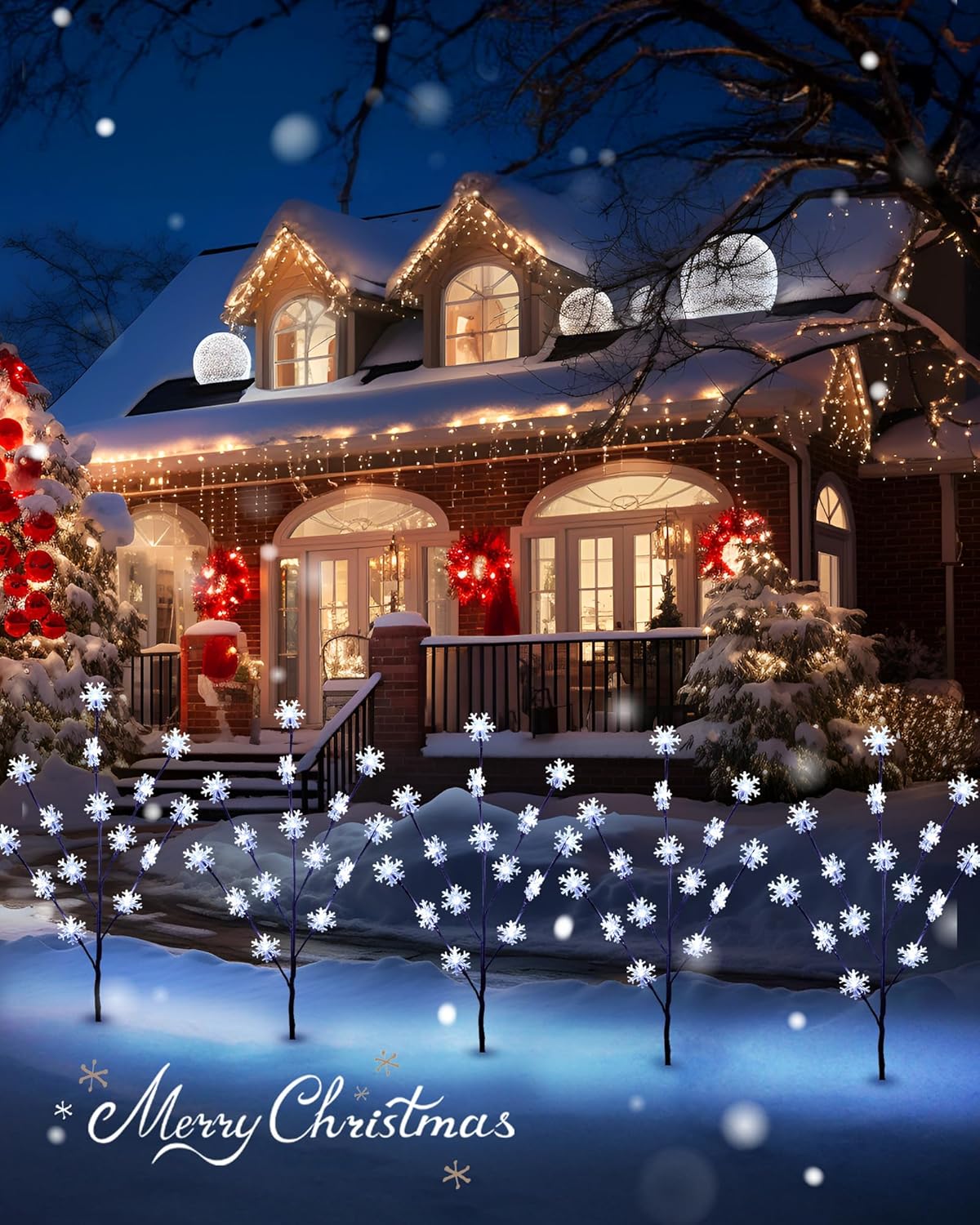 Luces de copo de nieve para caminos al aire libre, 4 paquetes de ramas iluminadas, decoración de patio de Navidad, árbol de Navidad pequeño con
