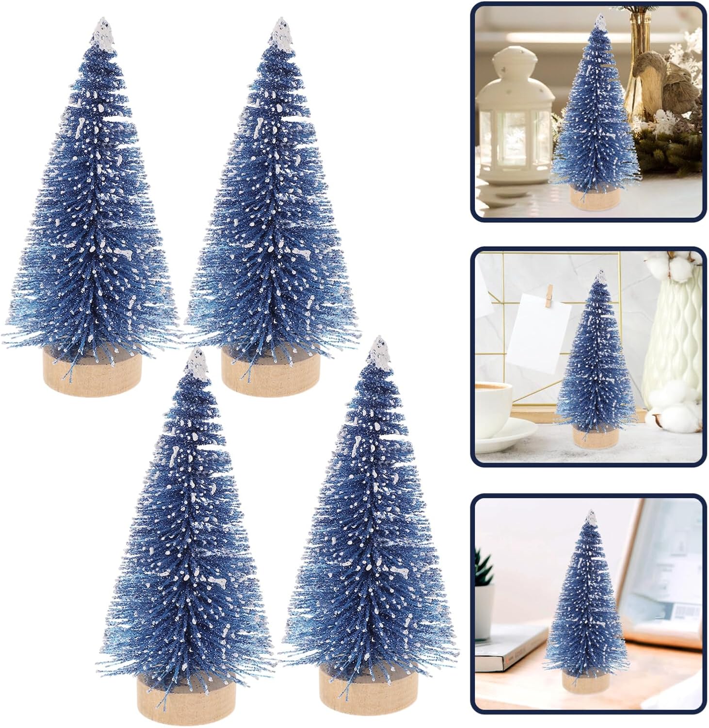 Decoración del hogar, mini árbol de Navidad artificial, 4 piezas, árboles de sisal artificiales, adornos de escarcha de nieve, cepillo para botella,