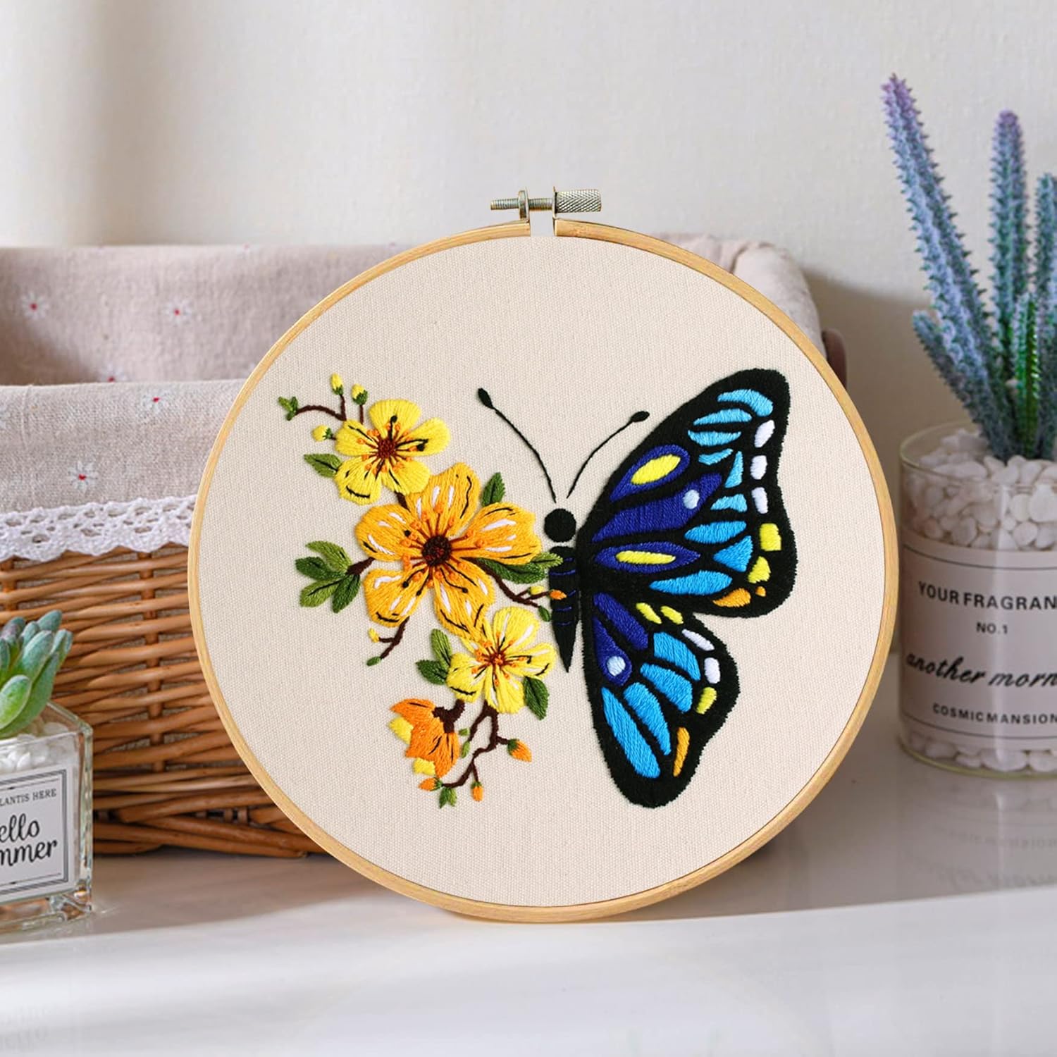 Santune Kit de bordado para principiantes y adultos, kit de punto de cruz para principiantes, bordado a mano con patrones de mariposas e