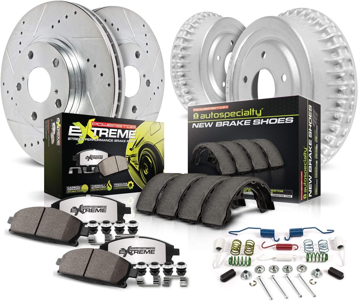 Power Stop K15245DK-26 Pastillas de freno de fibra de carbono Z26 delanteras y traseras con kit de tambores de freno perforados y ranurados