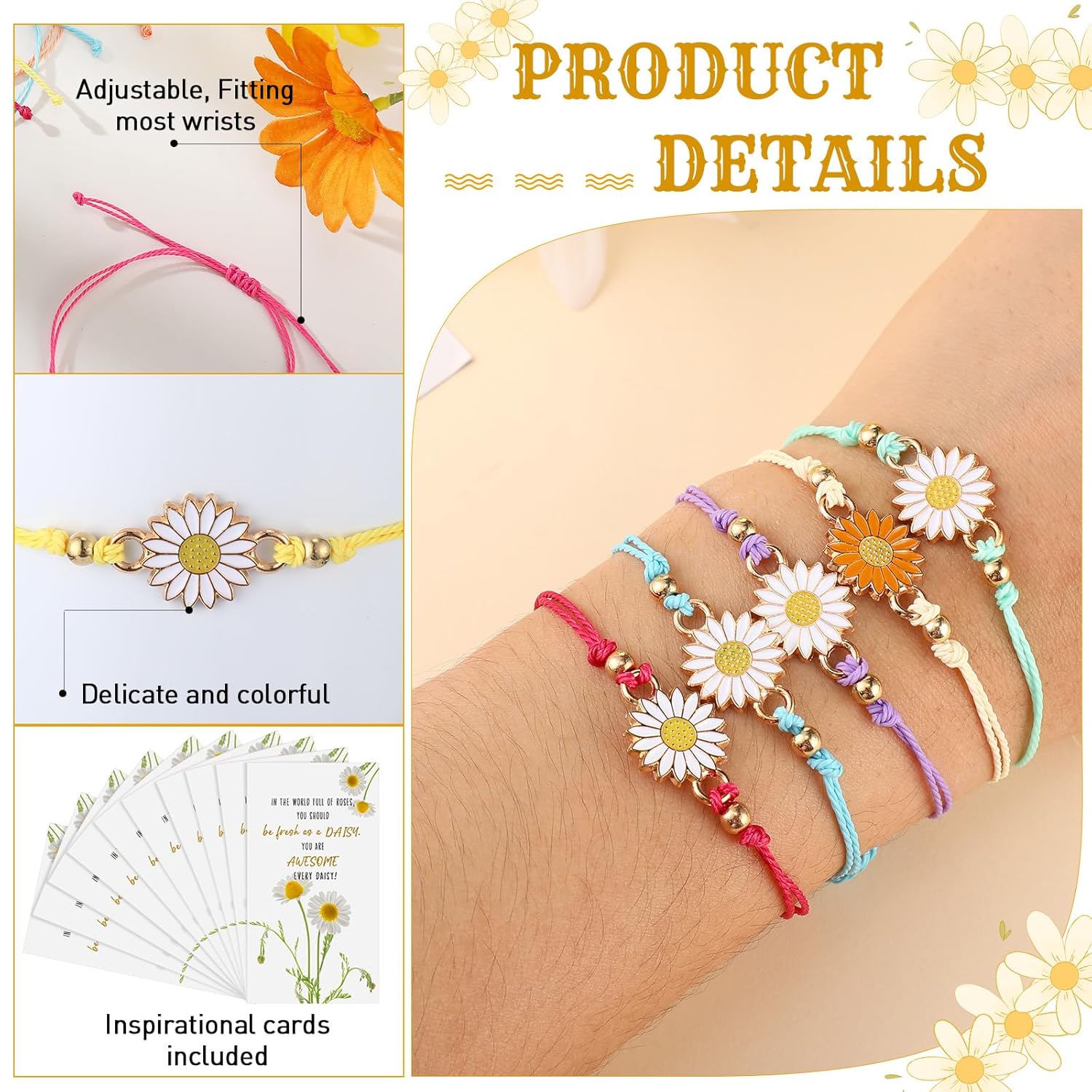30 juegos de pulseras inspiradoras a granel, regalos de margaritas coloridas, pulsera de margaritas lindas, pulsera de girasol con tarjetas