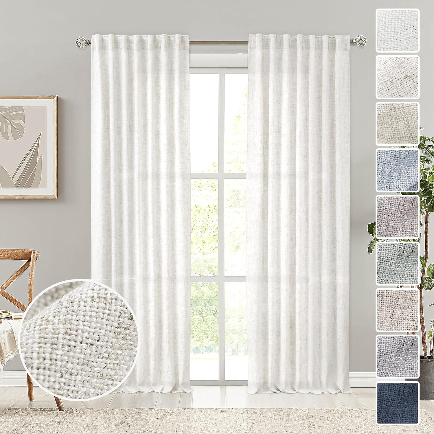 Cortinas de lino marfil de 108 pulgadas de largo para sala de estar, juego de 2 paneles de color blanco crema con pestaña trasera, cortinas de lino