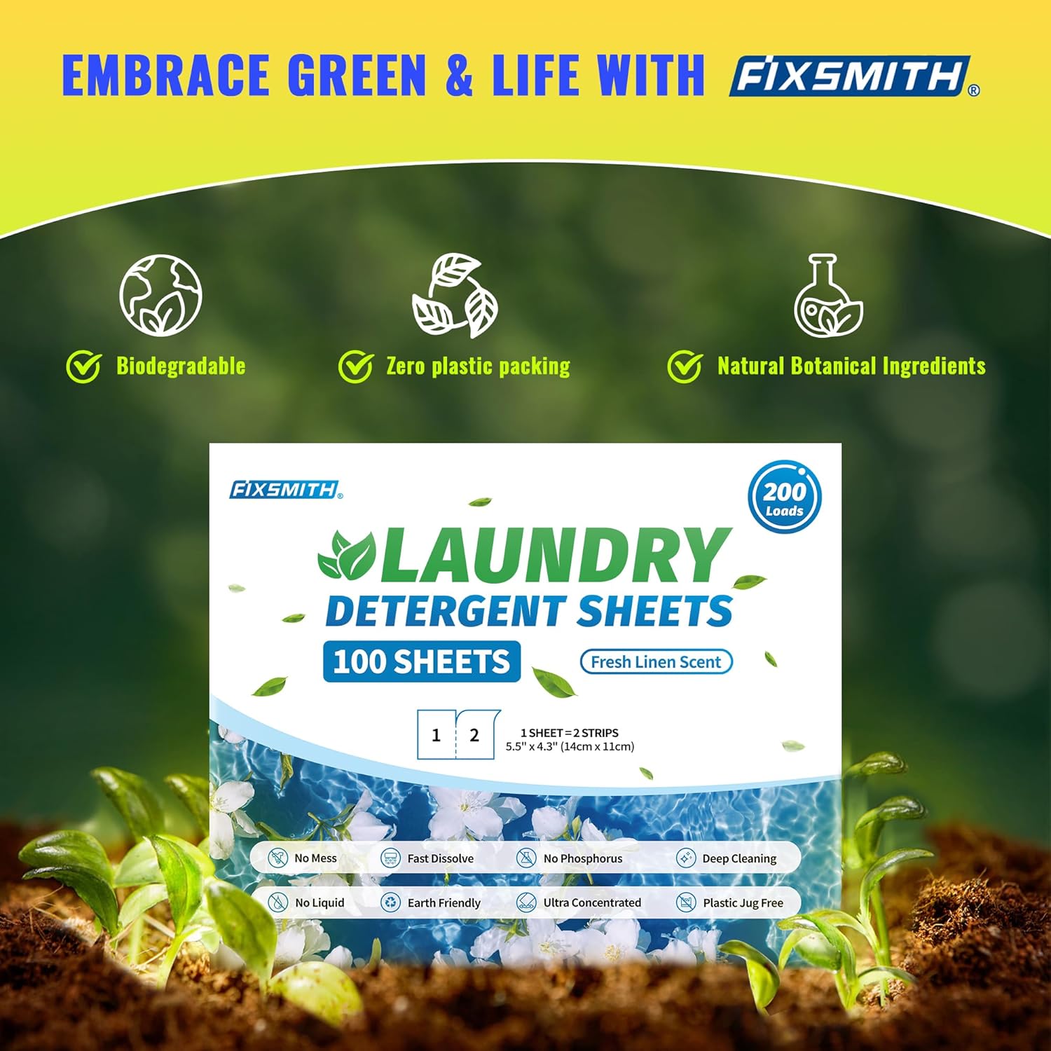 FIXSMITH Hojas de detergente para ropa  200 cargas (100 hojas) aroma de lino fresco  Hipoalergénico, tiras de detergente para ropa ecológicas,