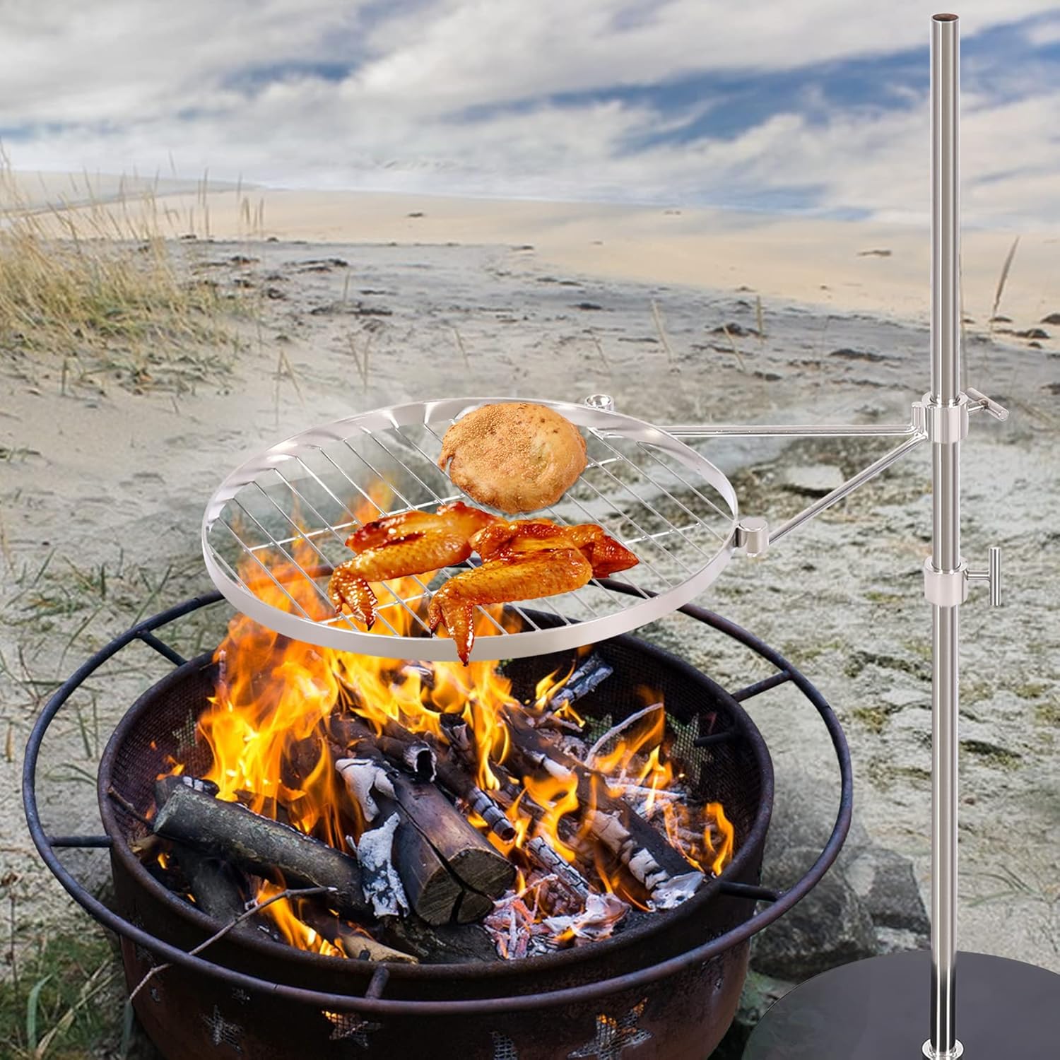 REDCAMP Parrilla giratoria para fogata con base resistente, parrilla portátil de acero inoxidable para barbacoa al aire libre para cocinar con llama