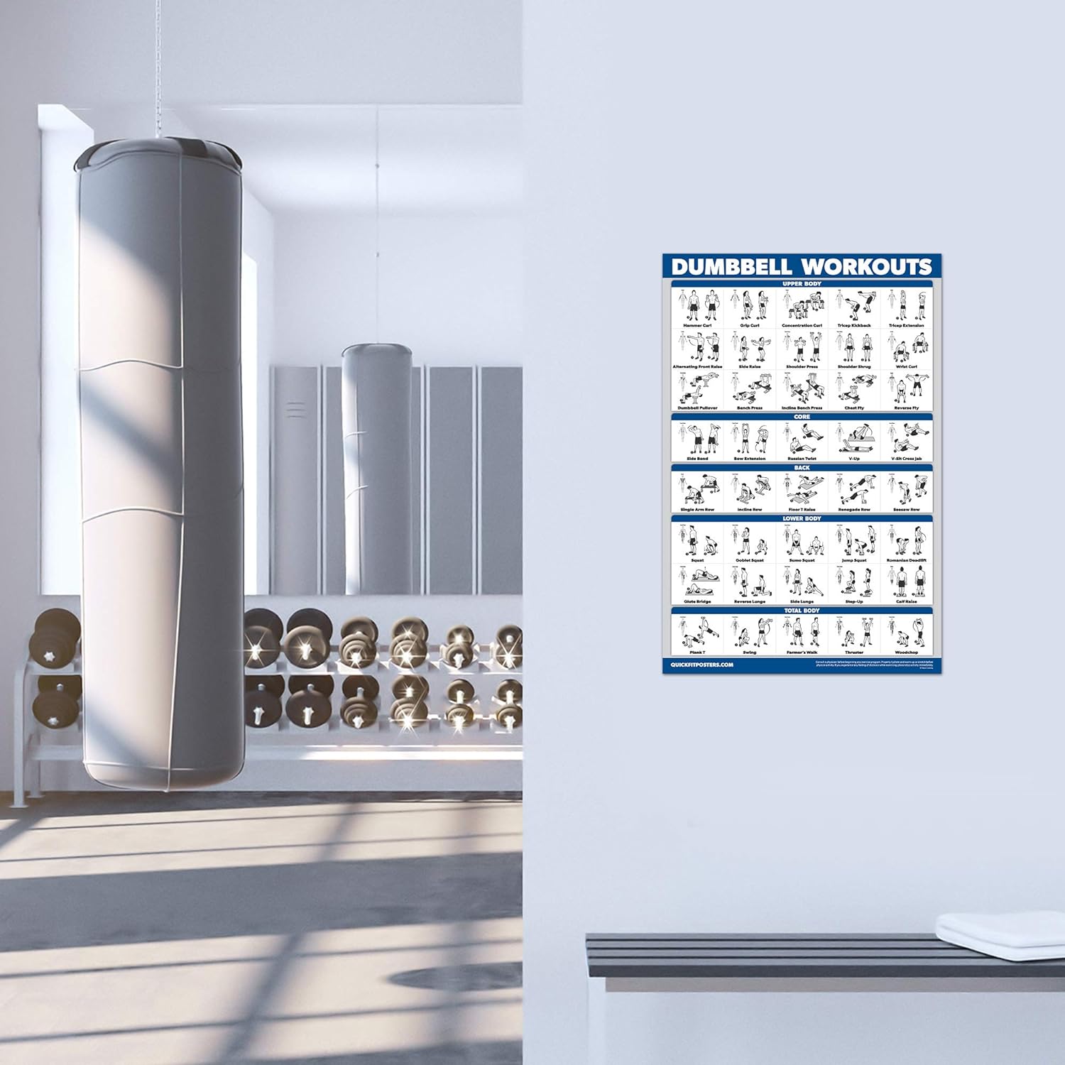 Paquete de 4 pósteres de entrenamiento de máquina de cable volumen 1 y 2 + ejercicios con mancuernas + ejercicios con mancuernas (laminados, 18 x 24