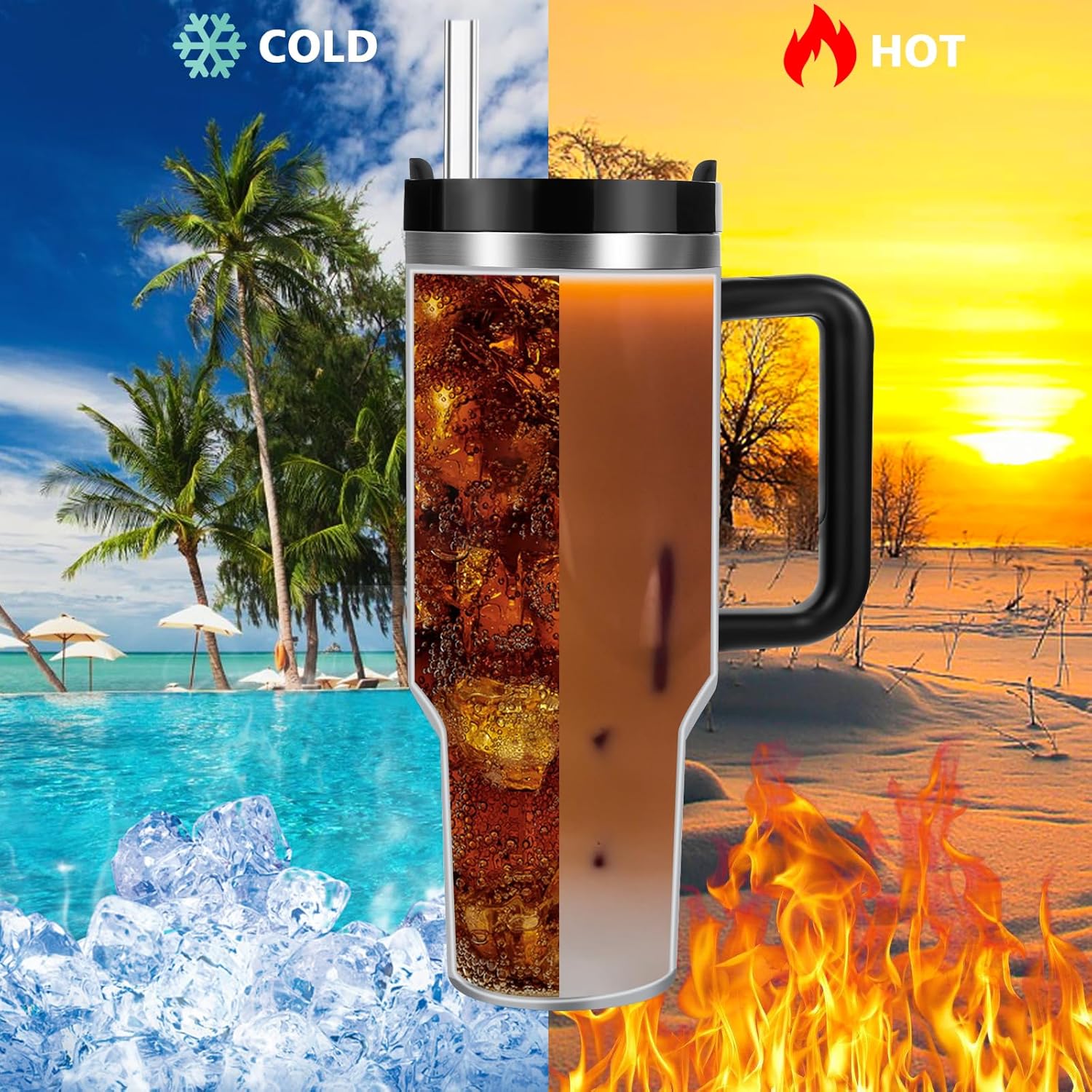 BELYQLY Vaso aislado al vacío de acero inoxidable de 40 onzas con tapa y popote para agua, batidos y más, té helado o café (negro)