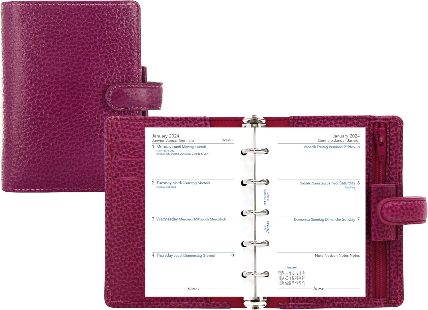 Filofax Finsbury – Organizador de tamaño pequeño, frambuesa, cuero granulado tradicional, cinco anillos, calendario semanal para ver, multilingüe,