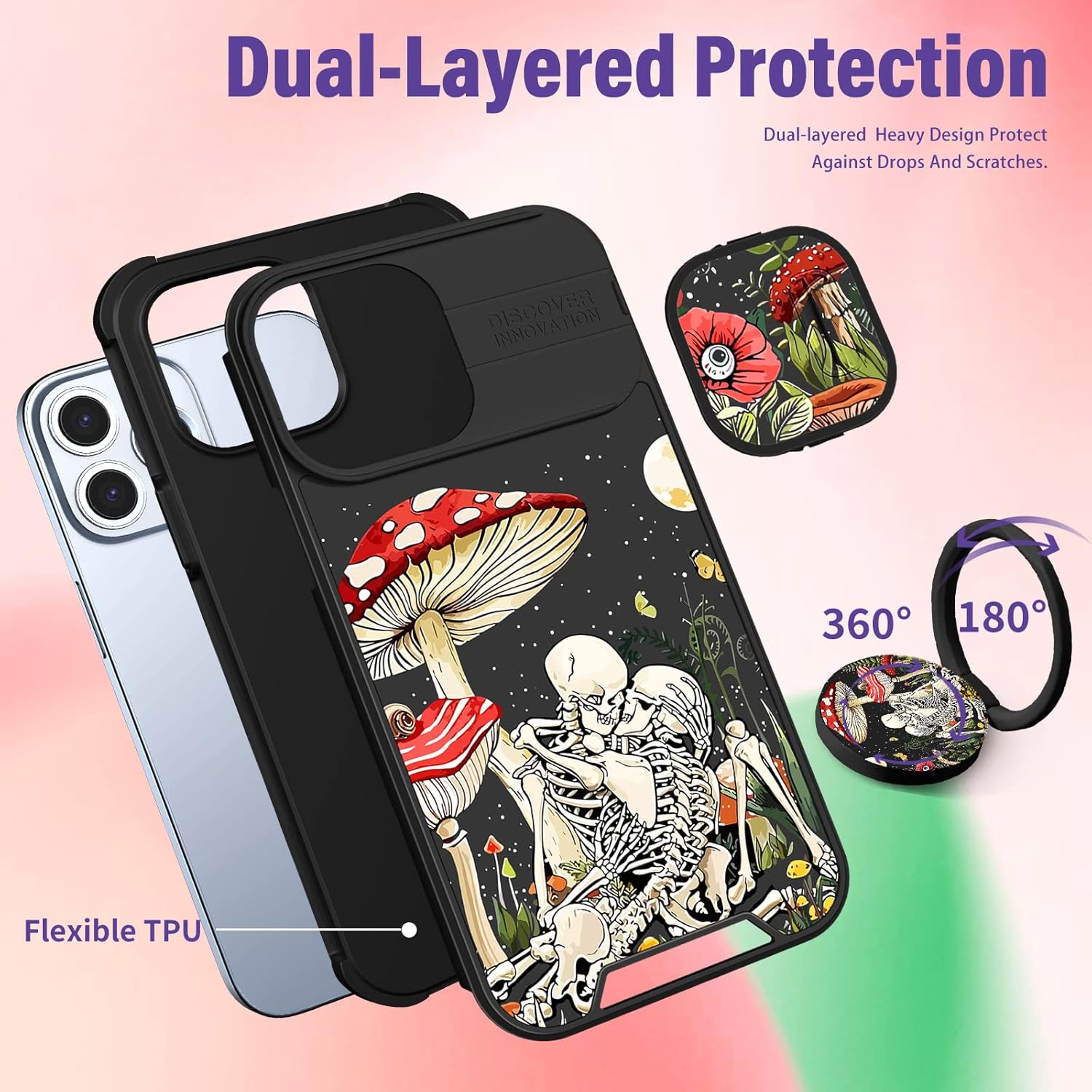 Funda 2 en 1 para iPhone 11 Pro Max para mujer, linda funda de teléfono para niñas, diseño gótico de calavera, esqueleto, divertido, espeluznante,