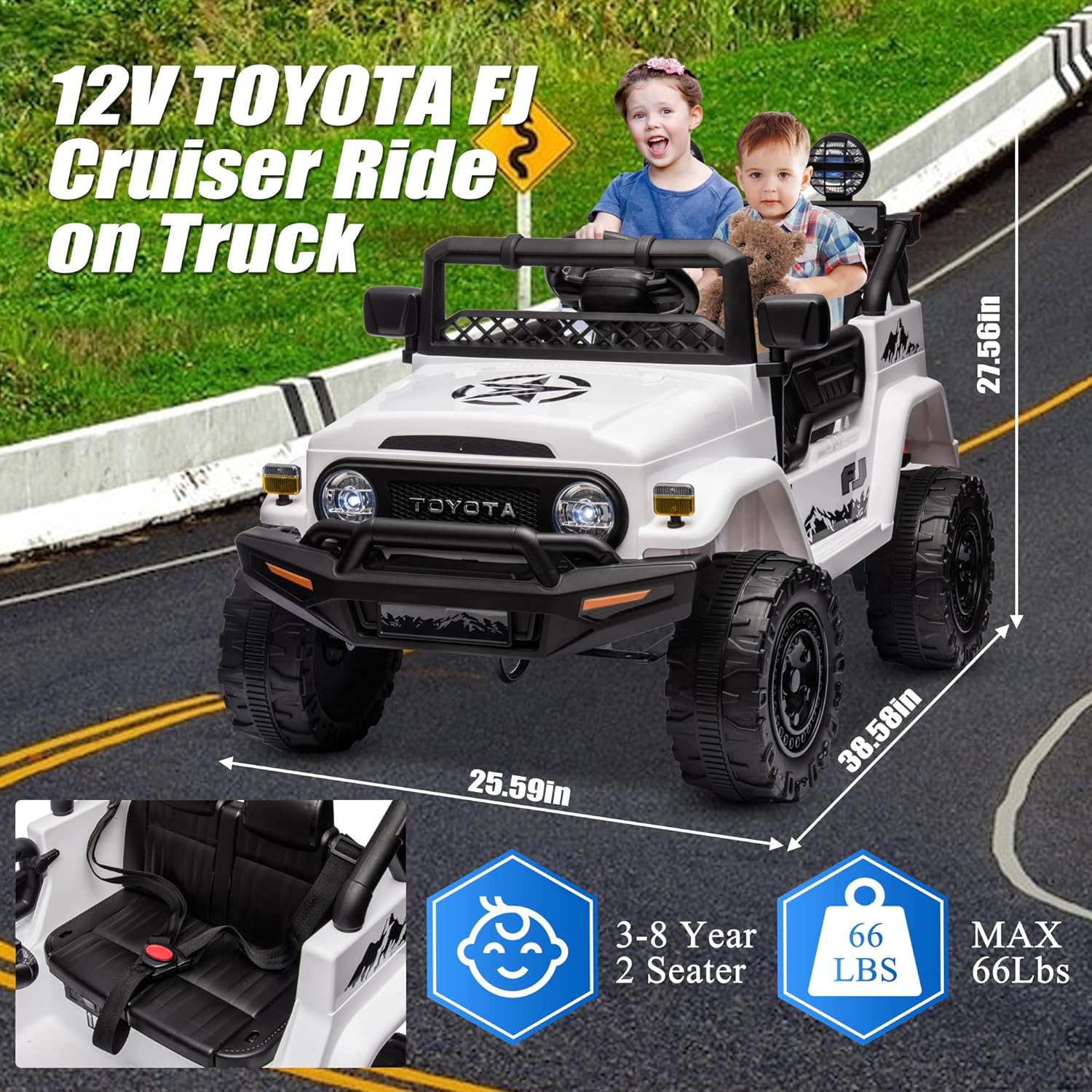 FJ Cruiser – Vehículo eléctrico de 12 V para niños, con control remoto, Bluetooth, MP3, luces LED, absorción de impactos, 2 puertas abiertas (blanco)