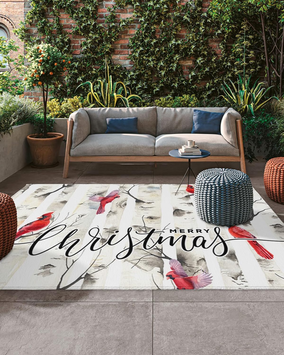Outdoor Rug Carpet Waterproof 5×8 ft Area Rug, Christmas Birch Tree Branch Cardinal Bird Large Floor Mat for Patio Balcony Living Room Backyard