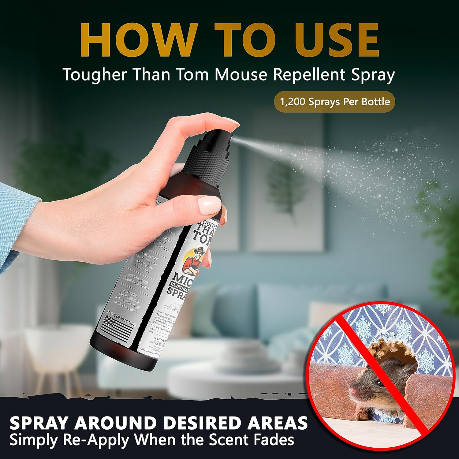 Tougher Than Tom Aerosol repelente de ratones, paquete de 3, 8 onzas líquidas de aceite de canela y menta prémium en aerosol para roedores,