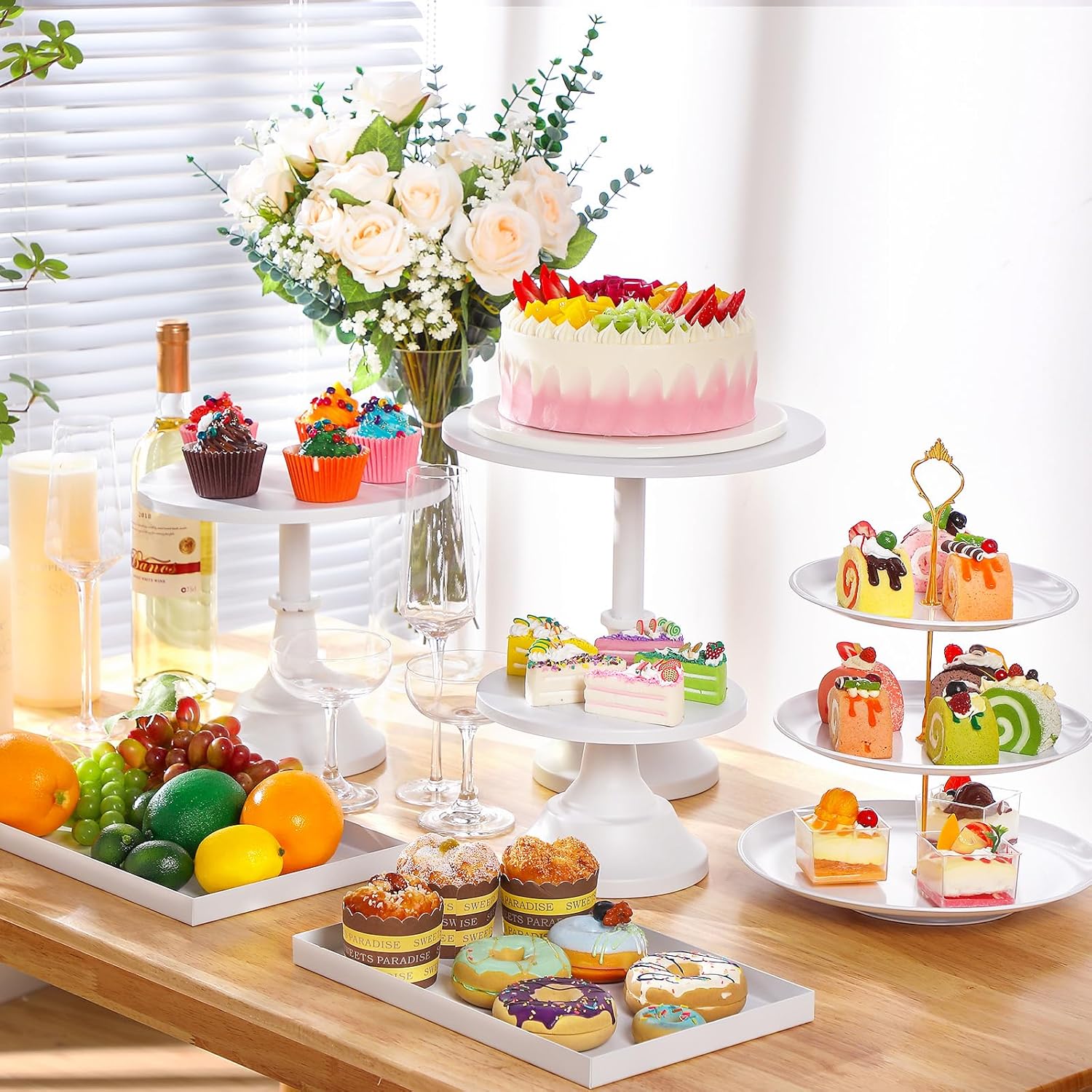 Tioncy Juego de 7 soportes de metal para tartas, soporte para cupcakes, mesa de postre, plato de exhibición de cupcakes, platos de servir, mesa de
