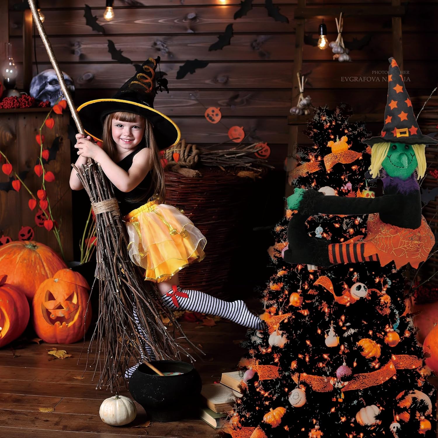 Decoración para árbol de bruja de Halloween, adornos colgantes para árbol de Halloween, corbata de cortina de Halloween y botella de vino con