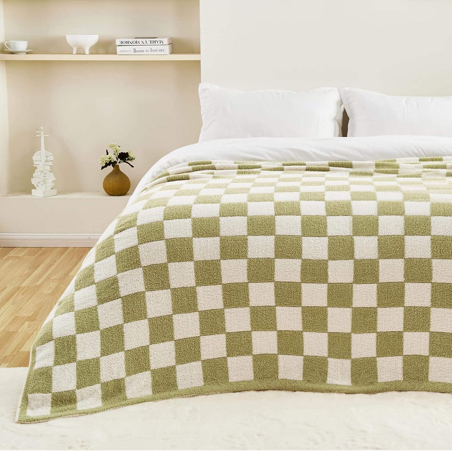 Manta de cuadros ultra suave y acogedora manta de cuadros verde salvia, cálida y esponjosa, manta a cuadros verde salvia y blanco para sofá y cama,