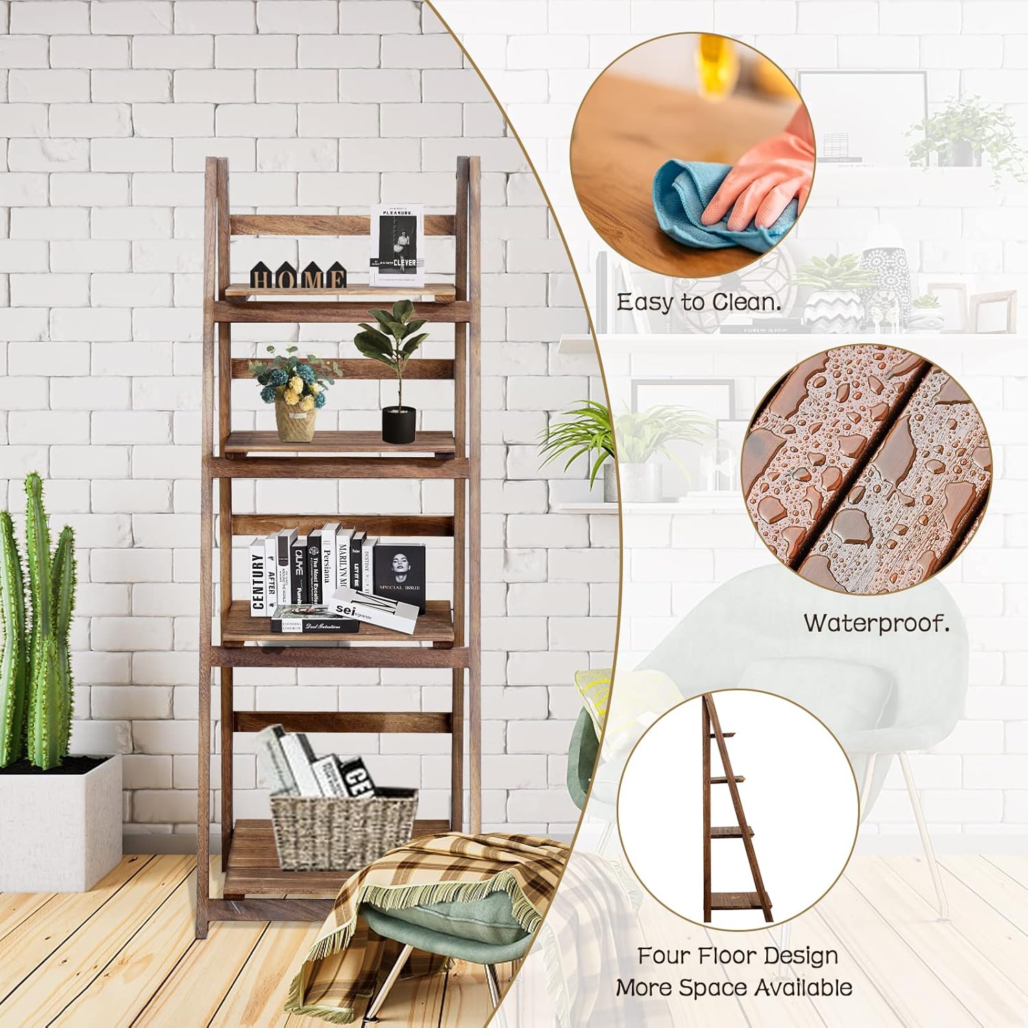 ECOMEX Estante de escalera de 4 niveles, estantería de escalera para plantas, estante de escalera de madera, estante plegable para plantas, soporte