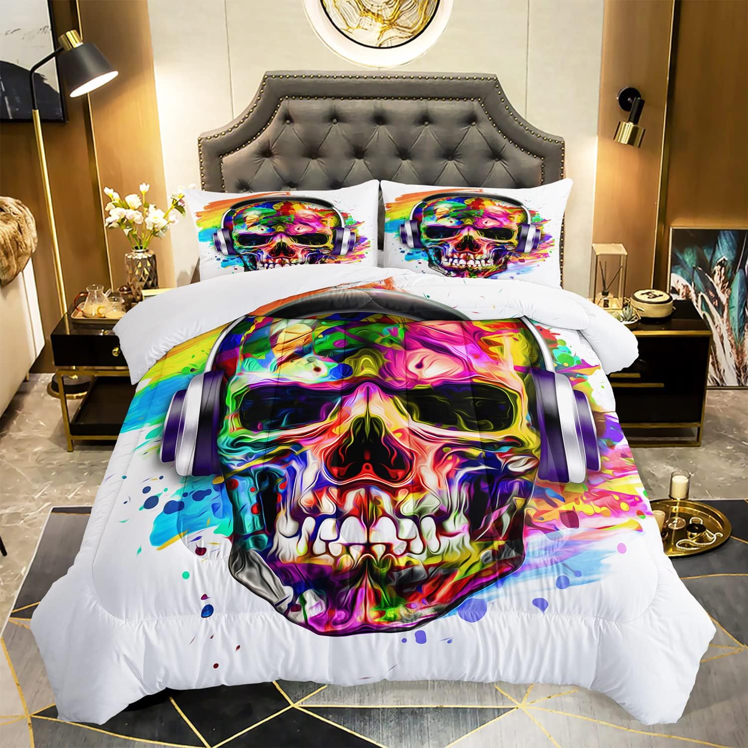 AILONEN Juego de edredón de calavera para adolescentes y niños, juego de ropa de cama con estampado de calavera, tamaño Queen, edredón superior
