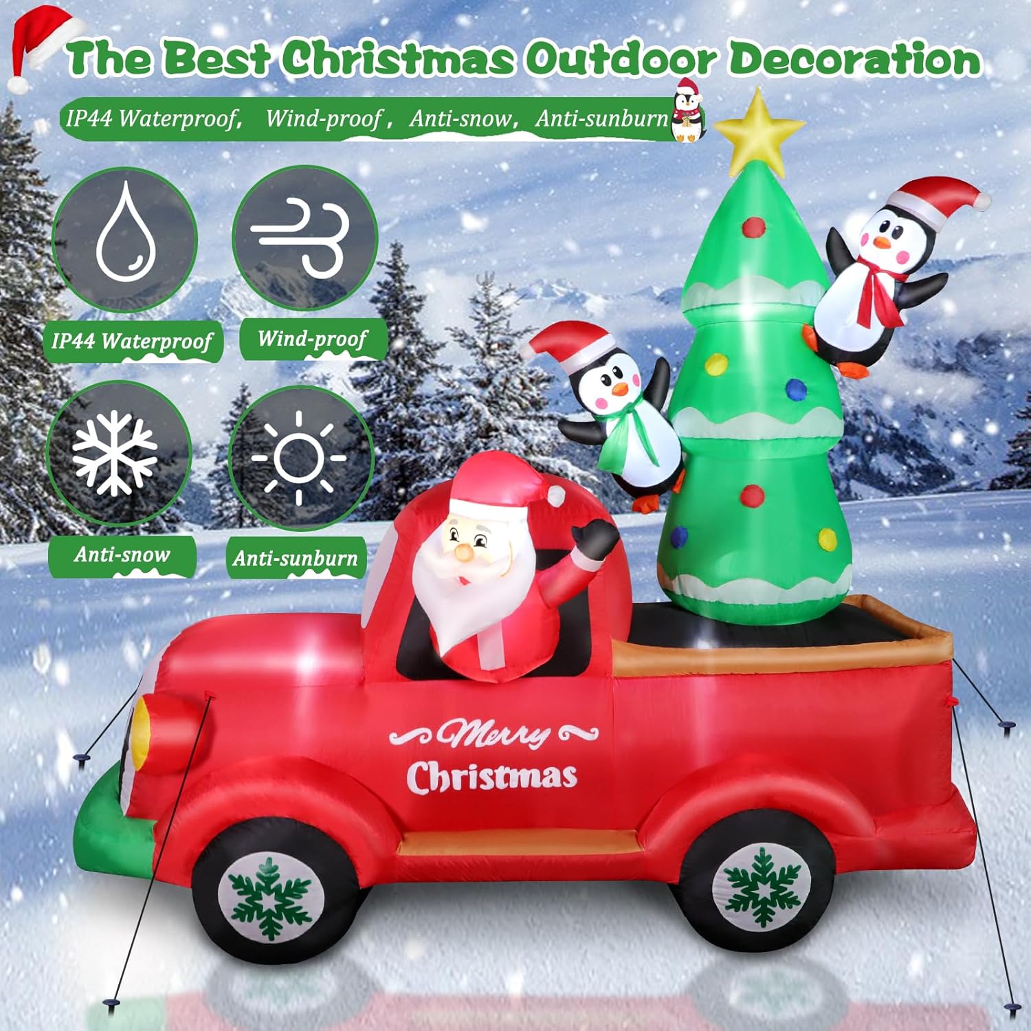 Camión rojo inflable de Papá Noel de 7 pies con árbol de Navidad y pingüinos, decoraciones al aire libre con luces integradas para Navidad,