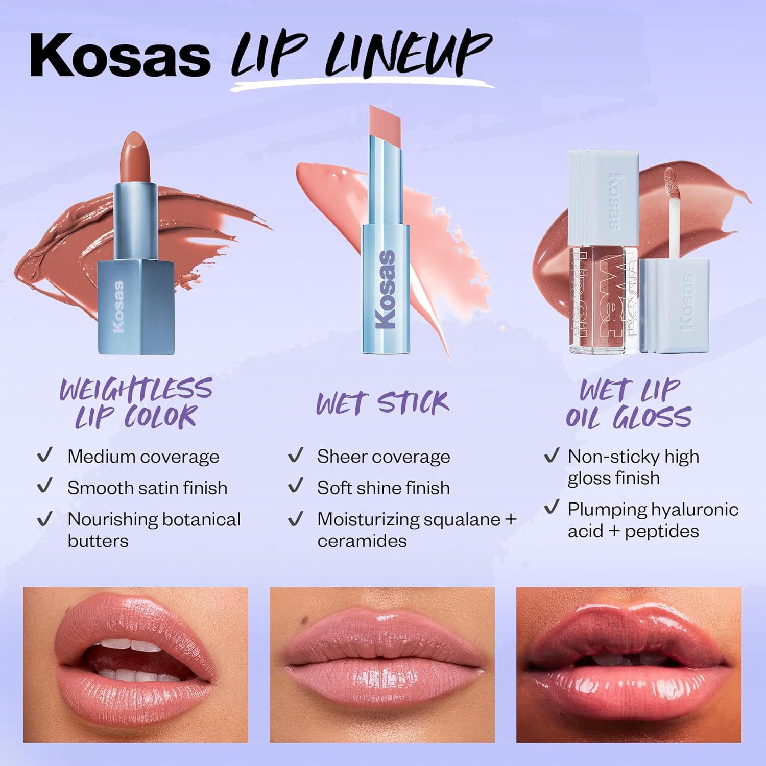 Kosas Wet Stick – Lápiz labial hidratante brillante con ceramidas, ácido hialurónico, péptidos y mantequilla de mango, calma, suaviza e hidrata los