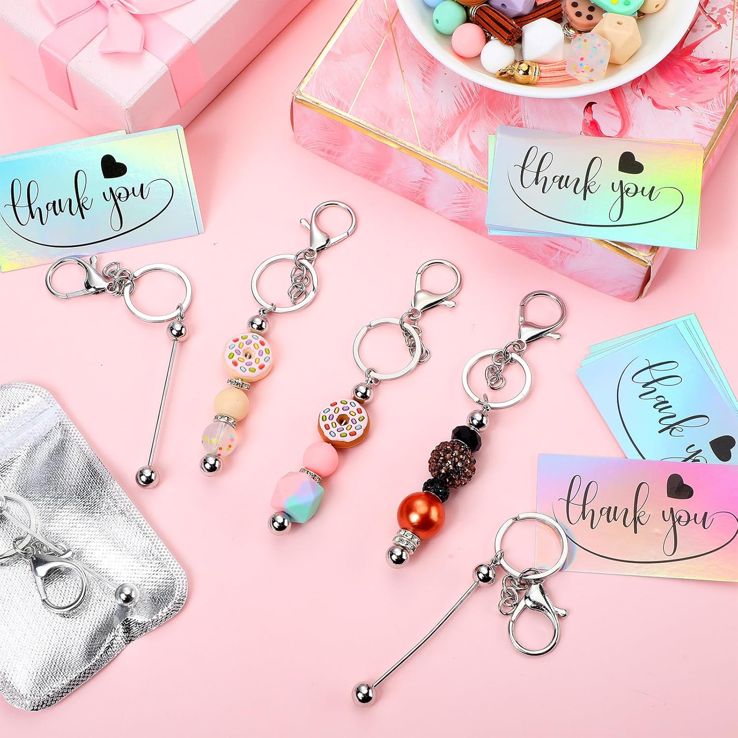 Kits de llaveros con cuentas, barras de llavero con cuentas, bolsa resellable, tarjetas de agradecimiento para manualidades, fabricación de joyas