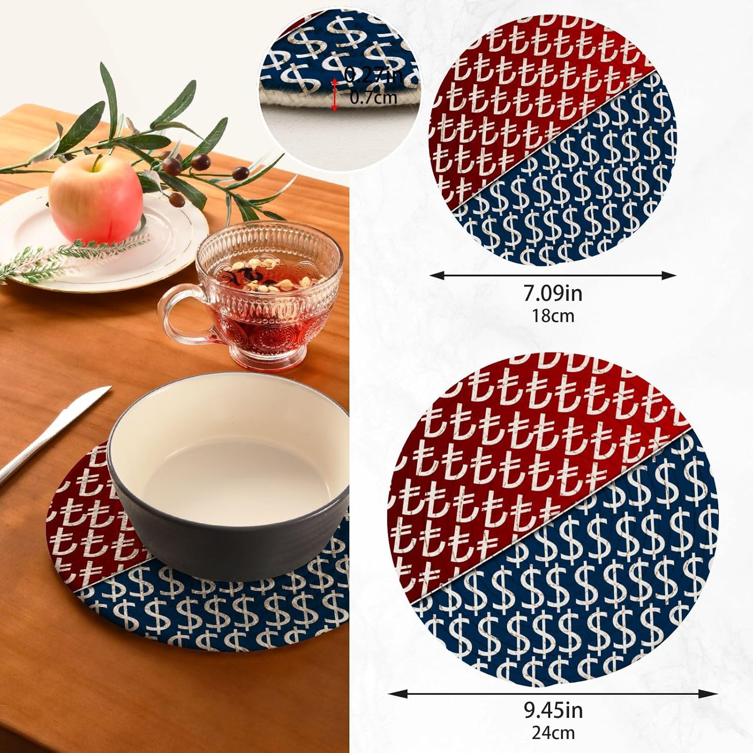 Us Dollar Trivet Pot Holder Turkish Lira Round Woven Potholders Set Kitchen Placemats 2PCS Cotton Rope Table Hot Pads Stylish Coasters Heat