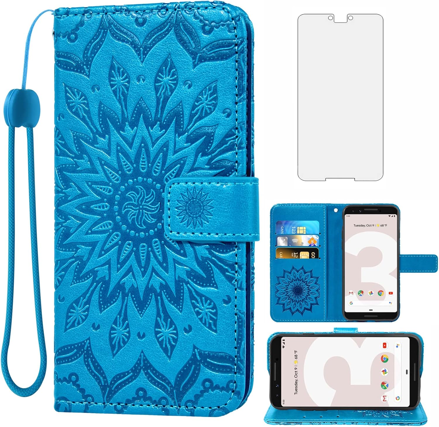 Funda de teléfono para Google Pixel 3 XL con protector de pantalla de vidrio templado y funda magnética de cuero, soporte para tarjetas, accesorios