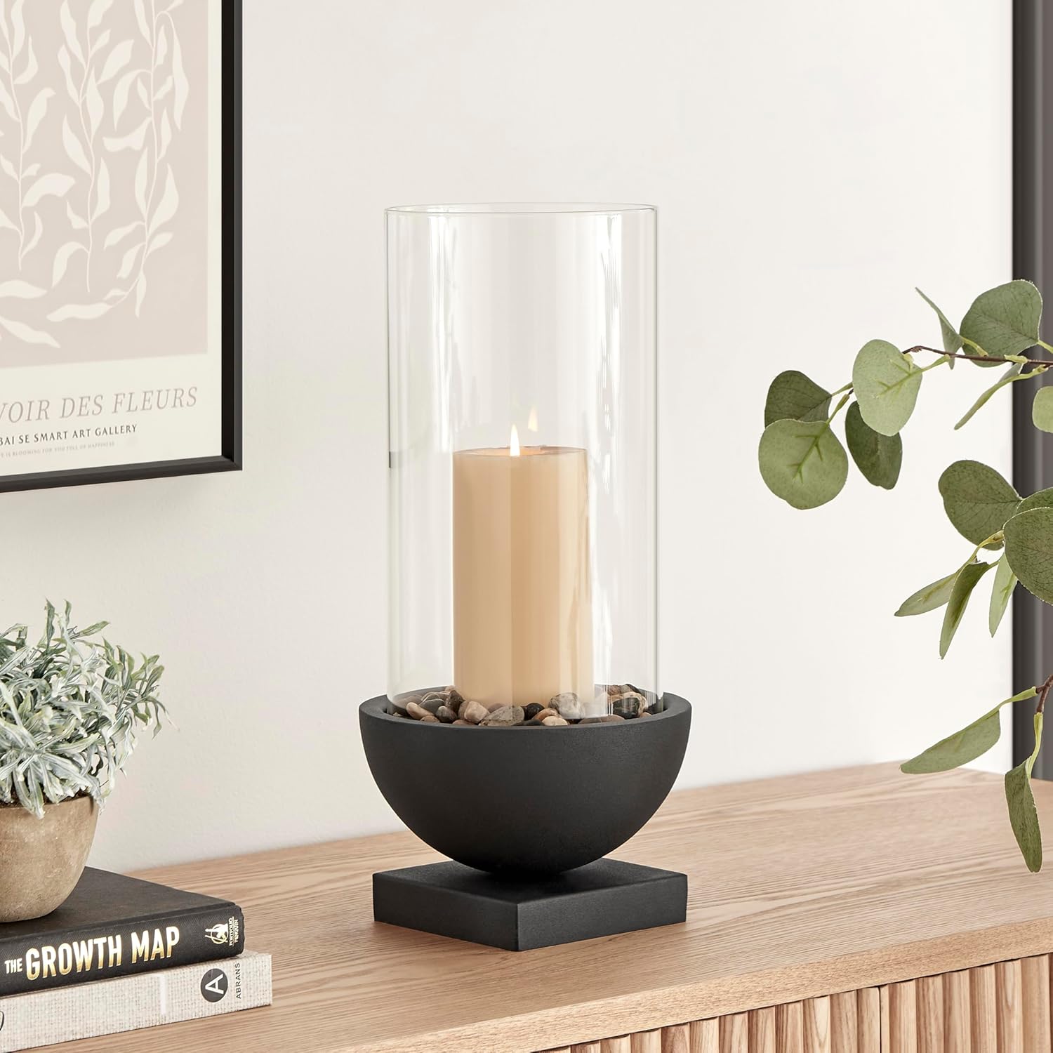 Danya B. Portavelas moderno de metal negro con pedestal y pilar de cristal (7 x 7 x 15.25 pulgadas, grande)