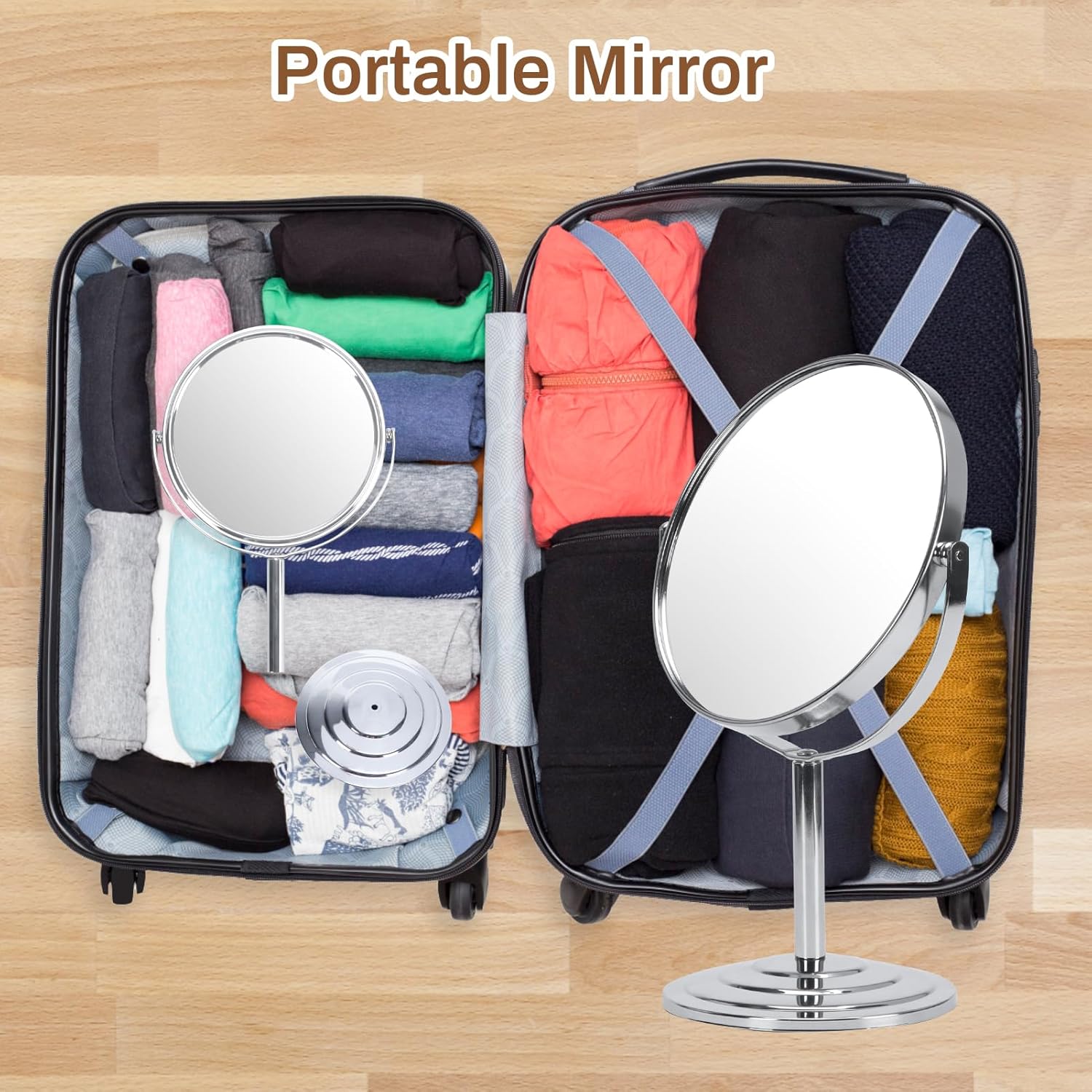 Wtrgas 1 espejo de maquillaje con aumento 3X para mesa, espejo de tocador plateado de 7 pulgadas, espejo cosmético de baño portátil de doble cara