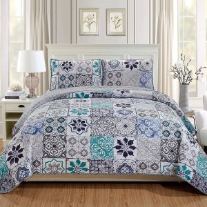 Mk Home – Juego de colcha acolchada de gran tamaño de 3 piezas, tamaño King, California King, patrón floral, blanco, gris, azul Mk Home – Juego de colcha acolchada de gran tamaño de 3 piezas, tamaño King, California King, patrón floral, blanco, gris, azul