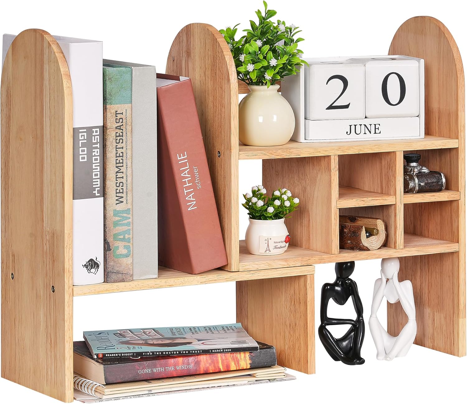 BEWISHOME Estante organizador de escritorio, estante de exhibición de madera ajustable, estante de almacenamiento de oficina, estantería de