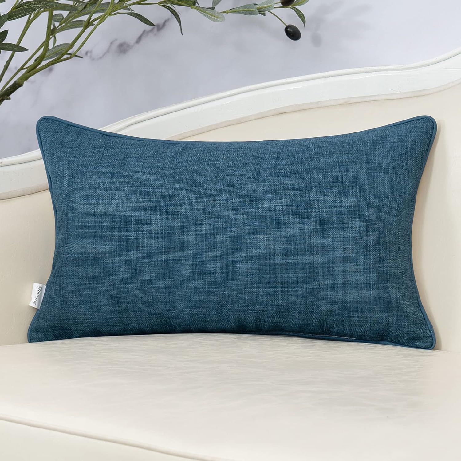 Yangest Funda de almohada lumbar de lino con retazos azules, funda de cojín oblonga de piel sintética para sofá, dormitorio, sala de estar,